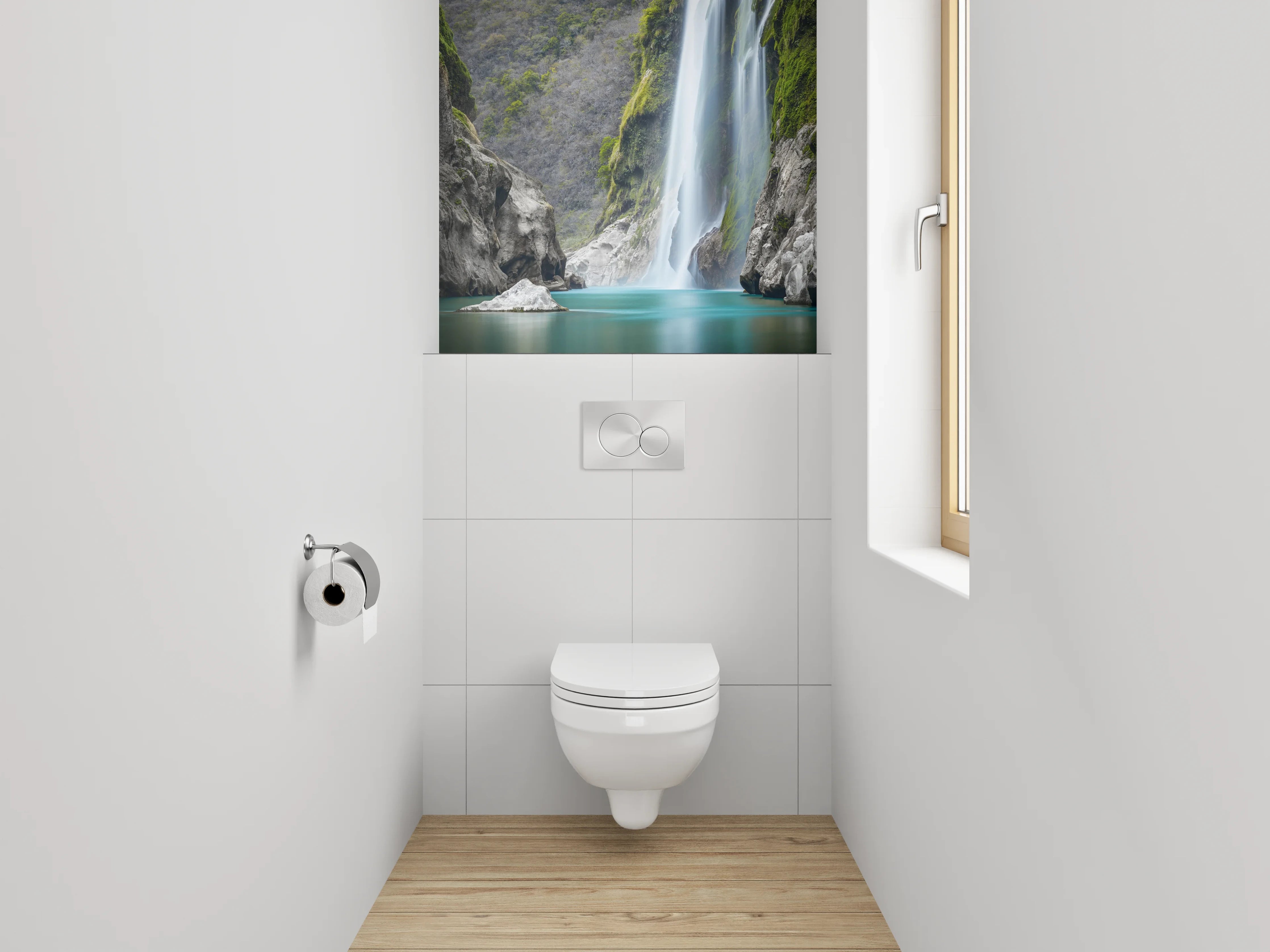 WC-Rückwand - Majestätischer Wasserfall in türkisfarbenem Tal