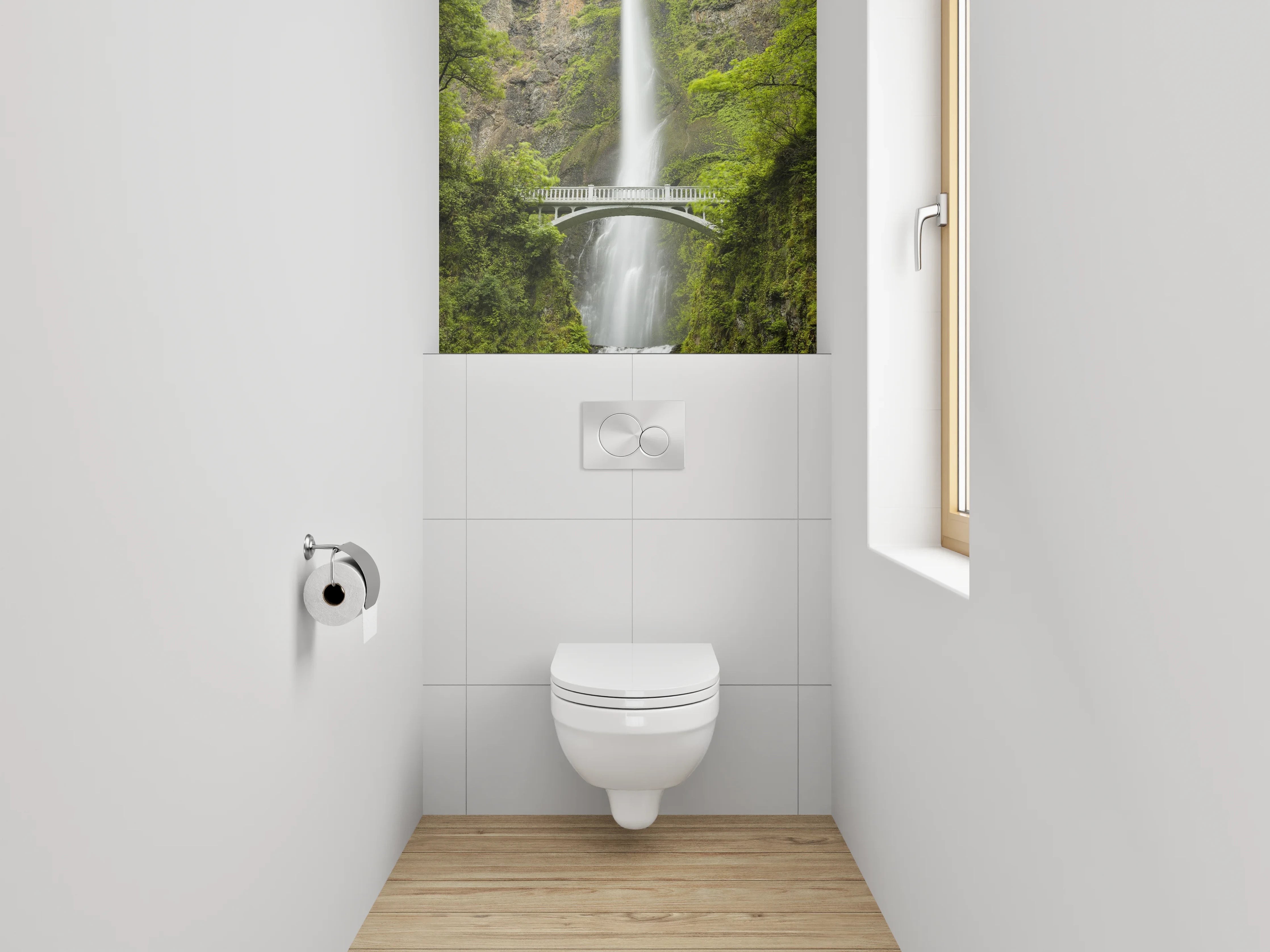 WC-Rückwand - Majestätischer Wasserfall mit Brücke