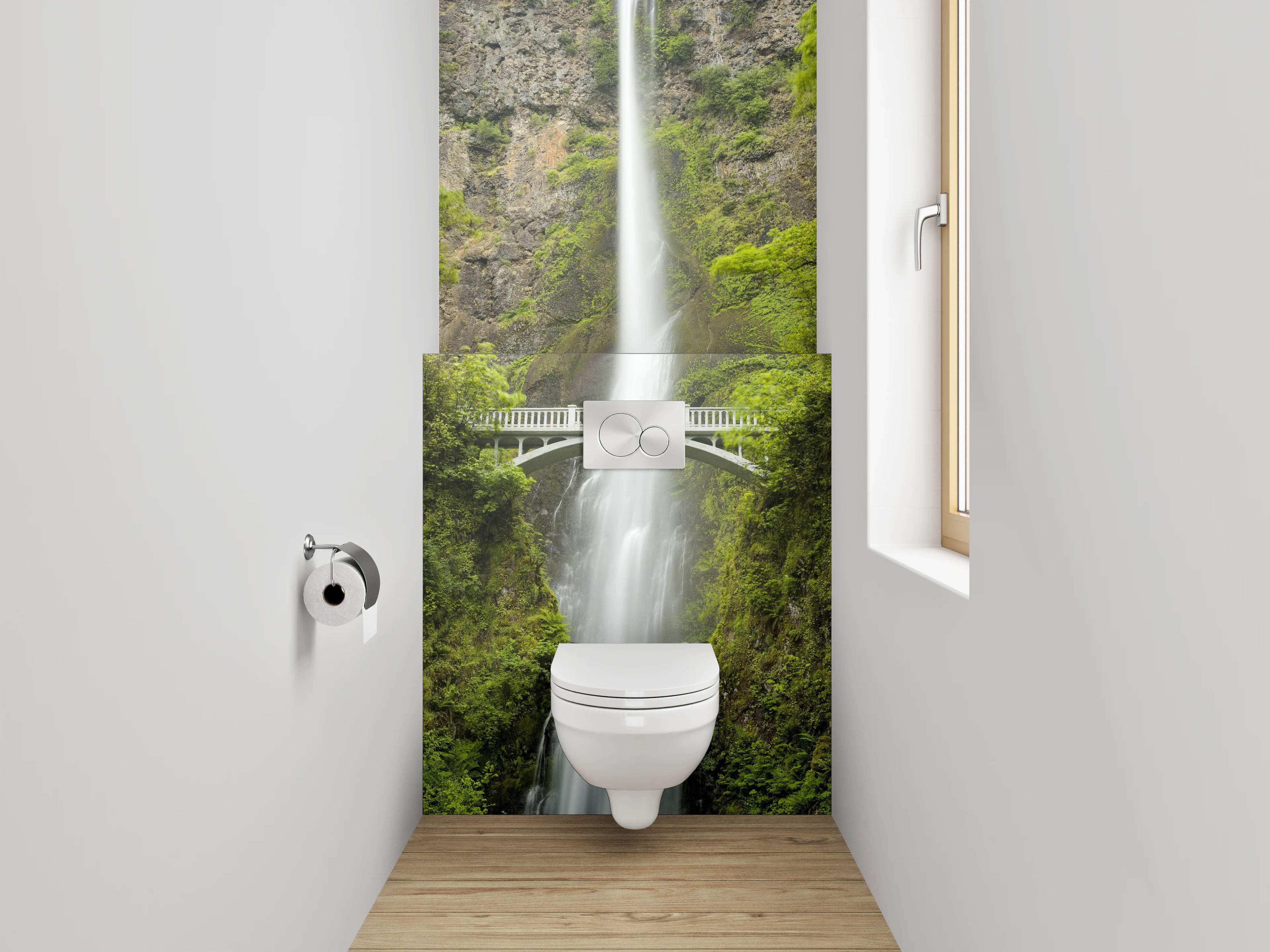 WC-Rückwand - Majestätischer Wasserfall mit Brücke