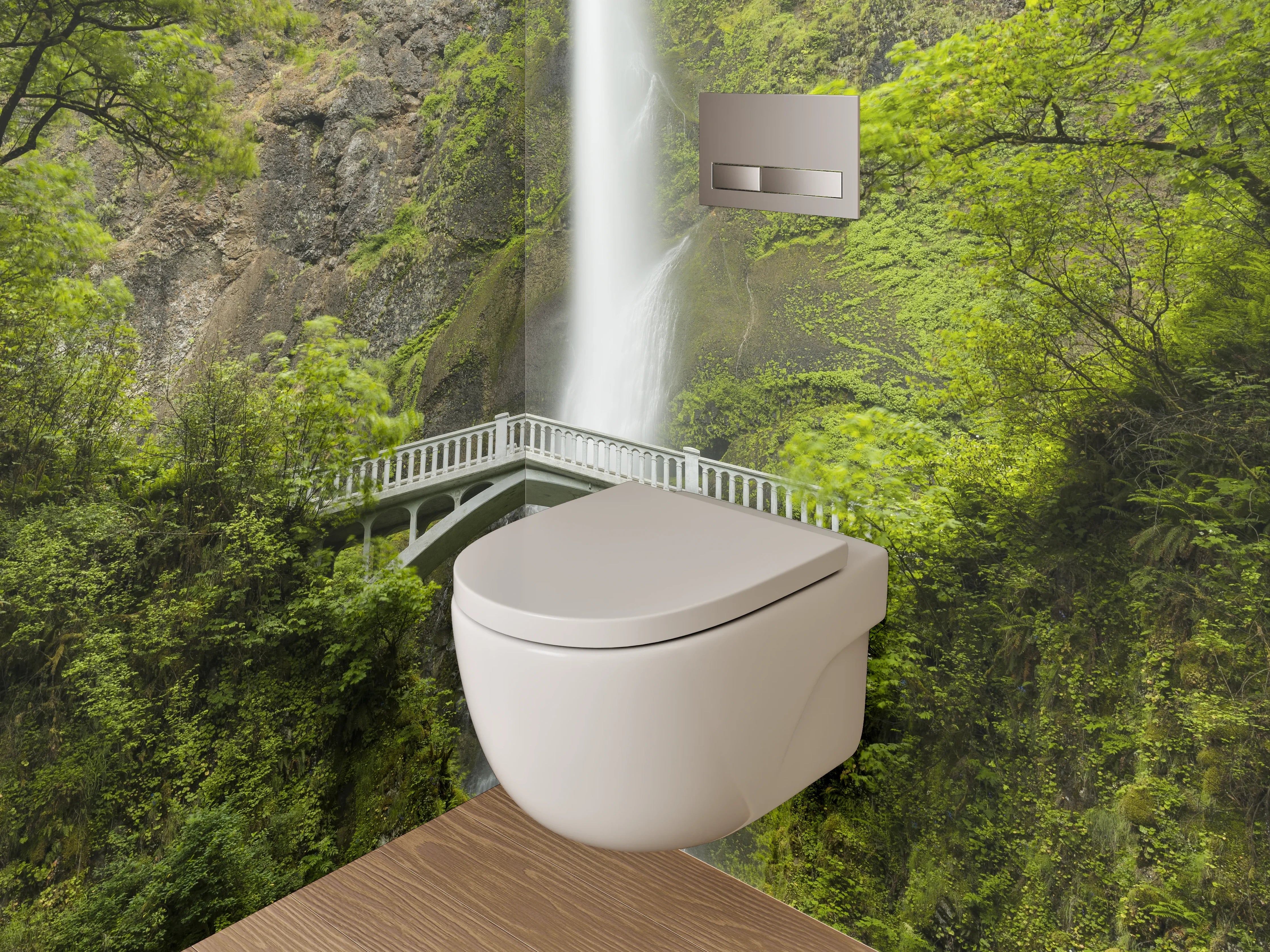 WC-Rückwand - Majestätischer Wasserfall mit Brücke