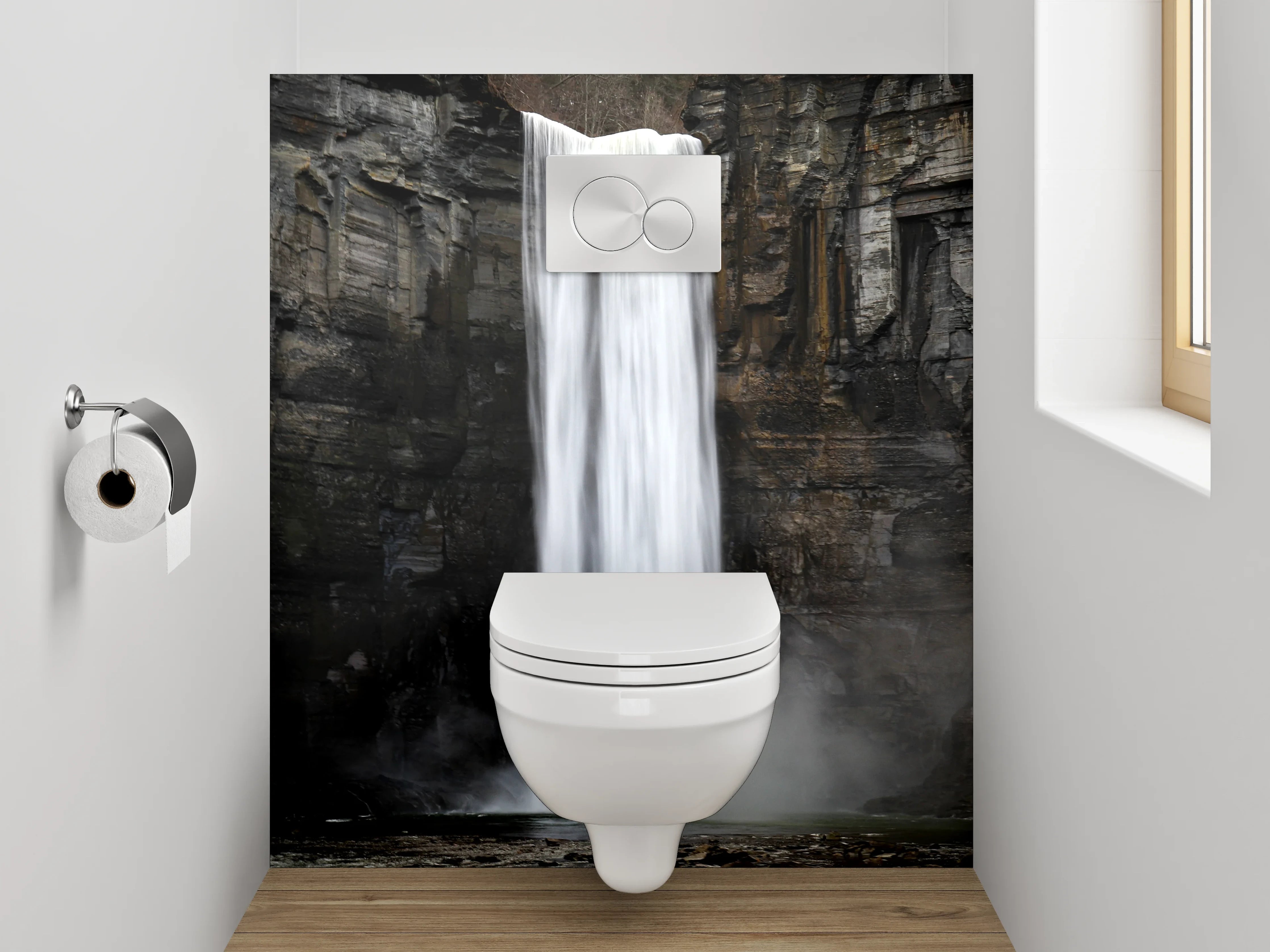 WC-Rückwand - Majestätischer Wasserfall vor Felswand