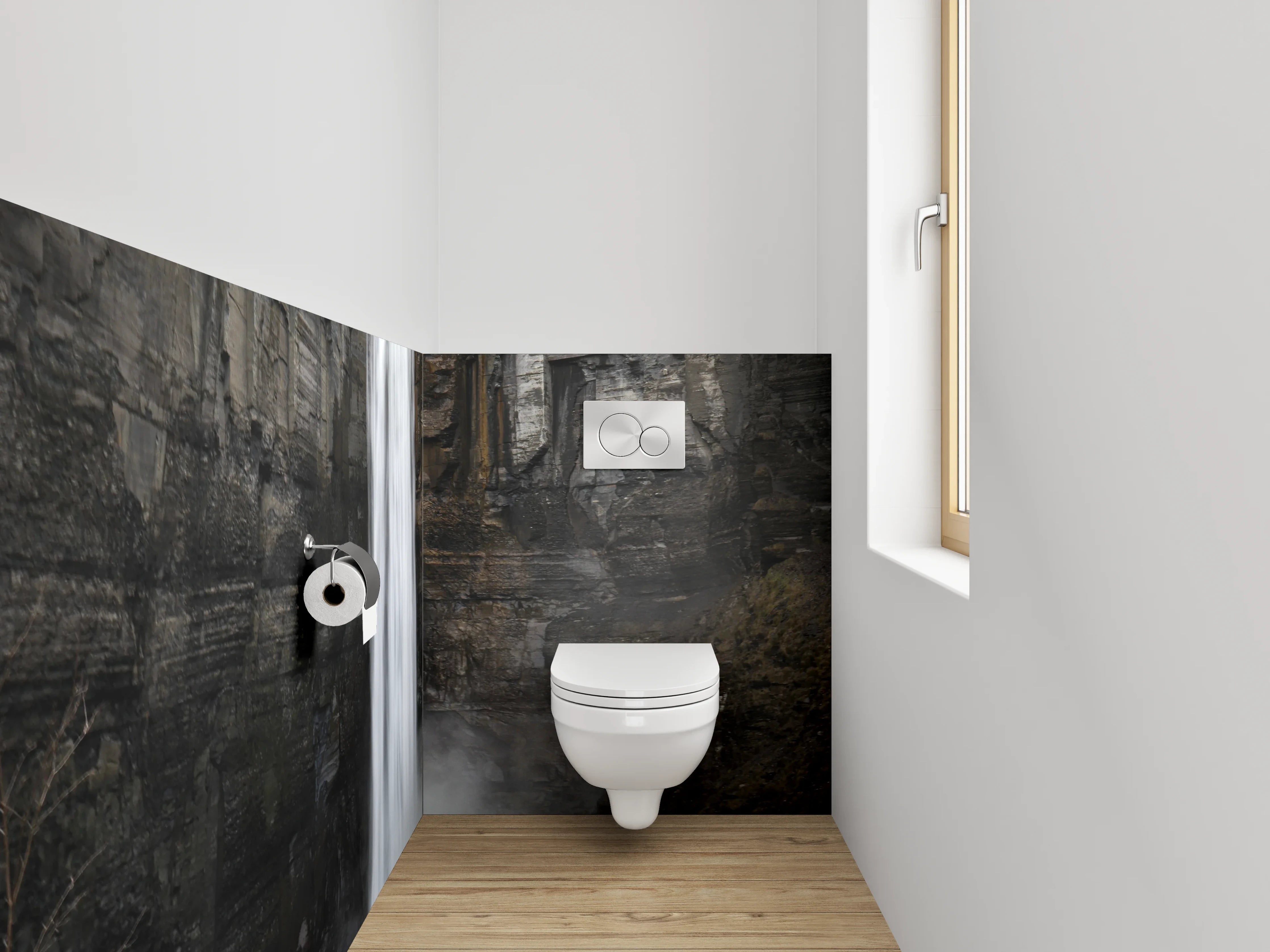 WC-Rückwand - Majestätischer Wasserfall vor Felswand