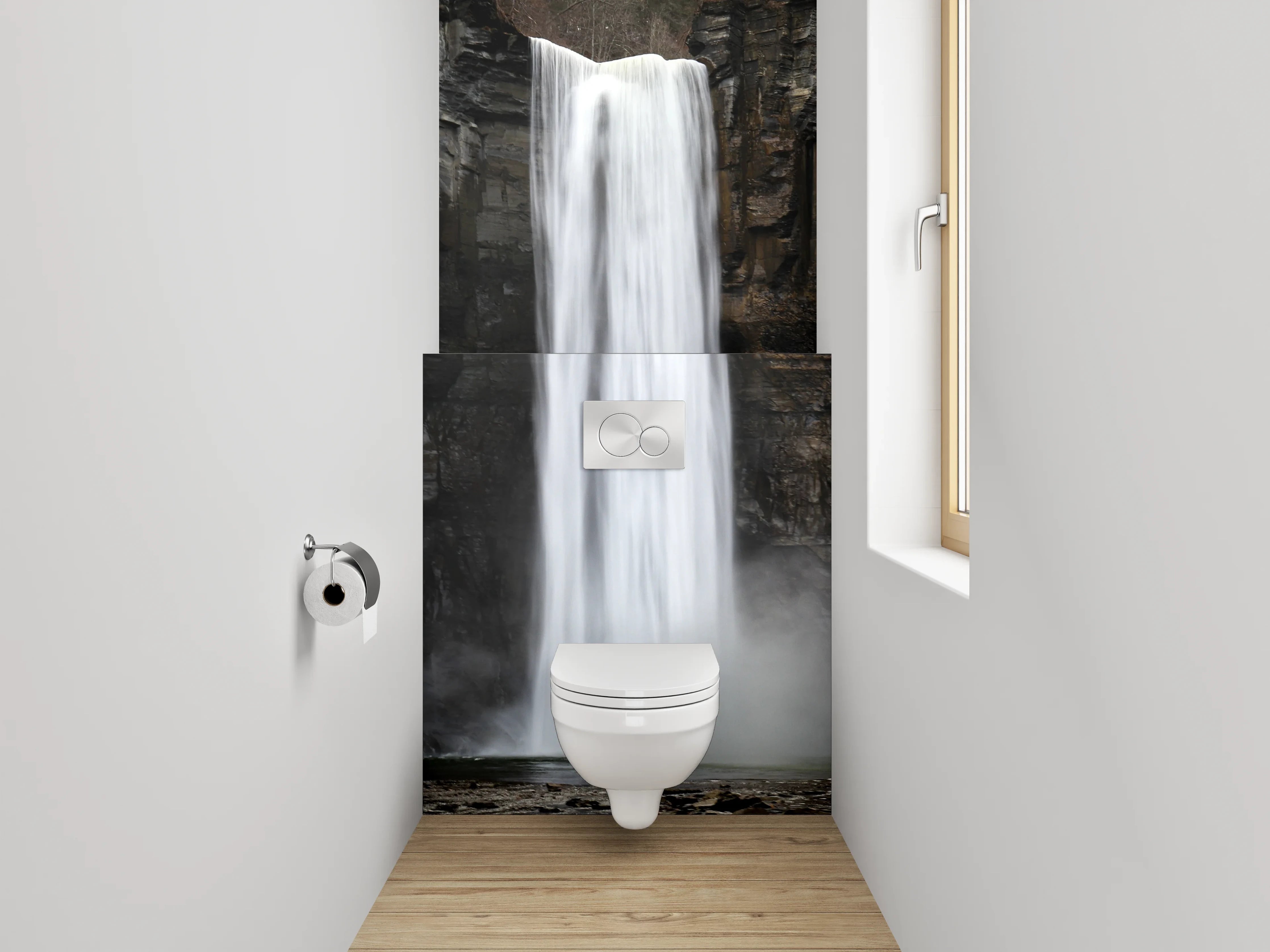 WC-Rückwand - Majestätischer Wasserfall vor Felswand