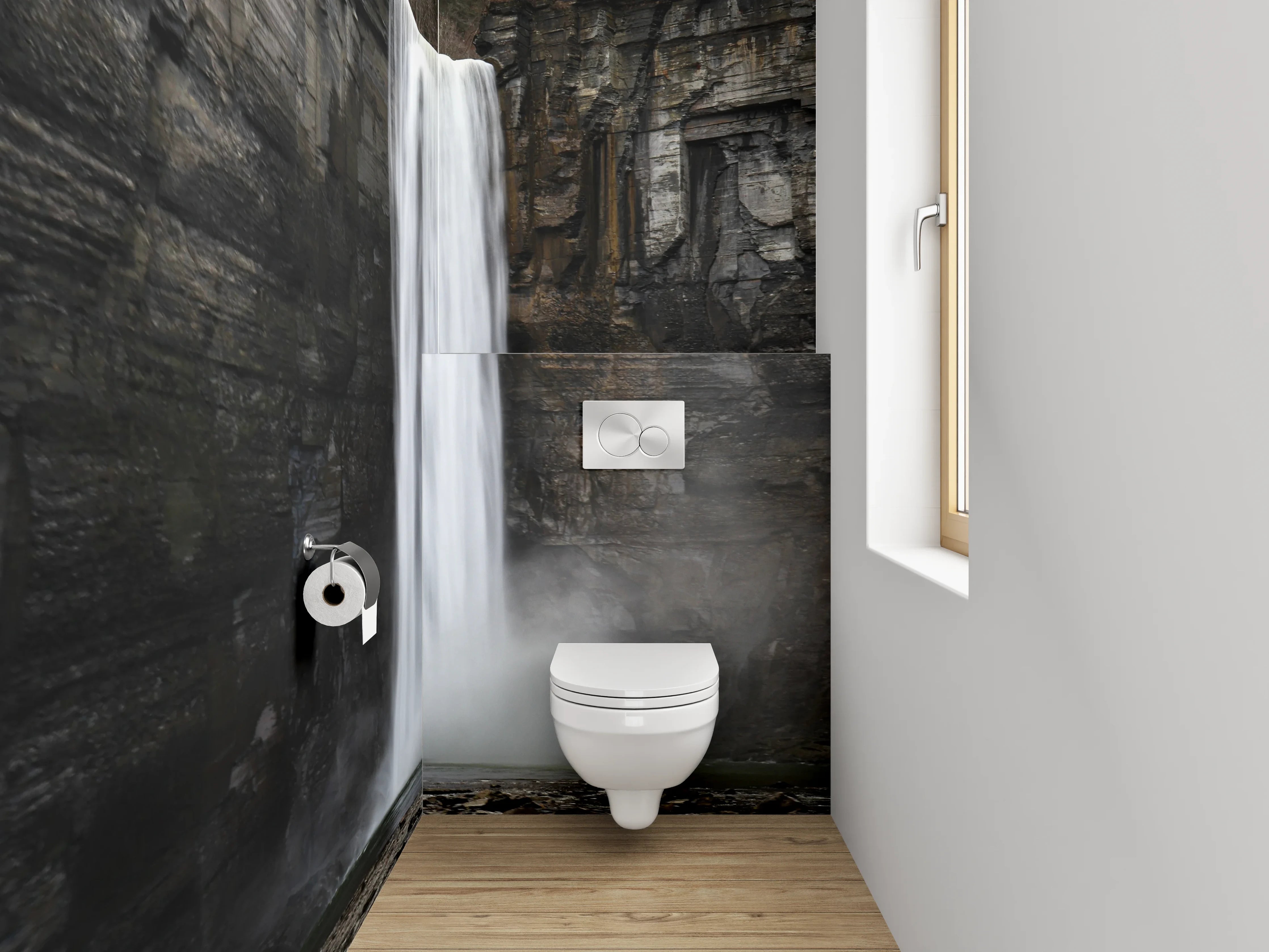 WC-Rückwand - Majestätischer Wasserfall vor Felswand