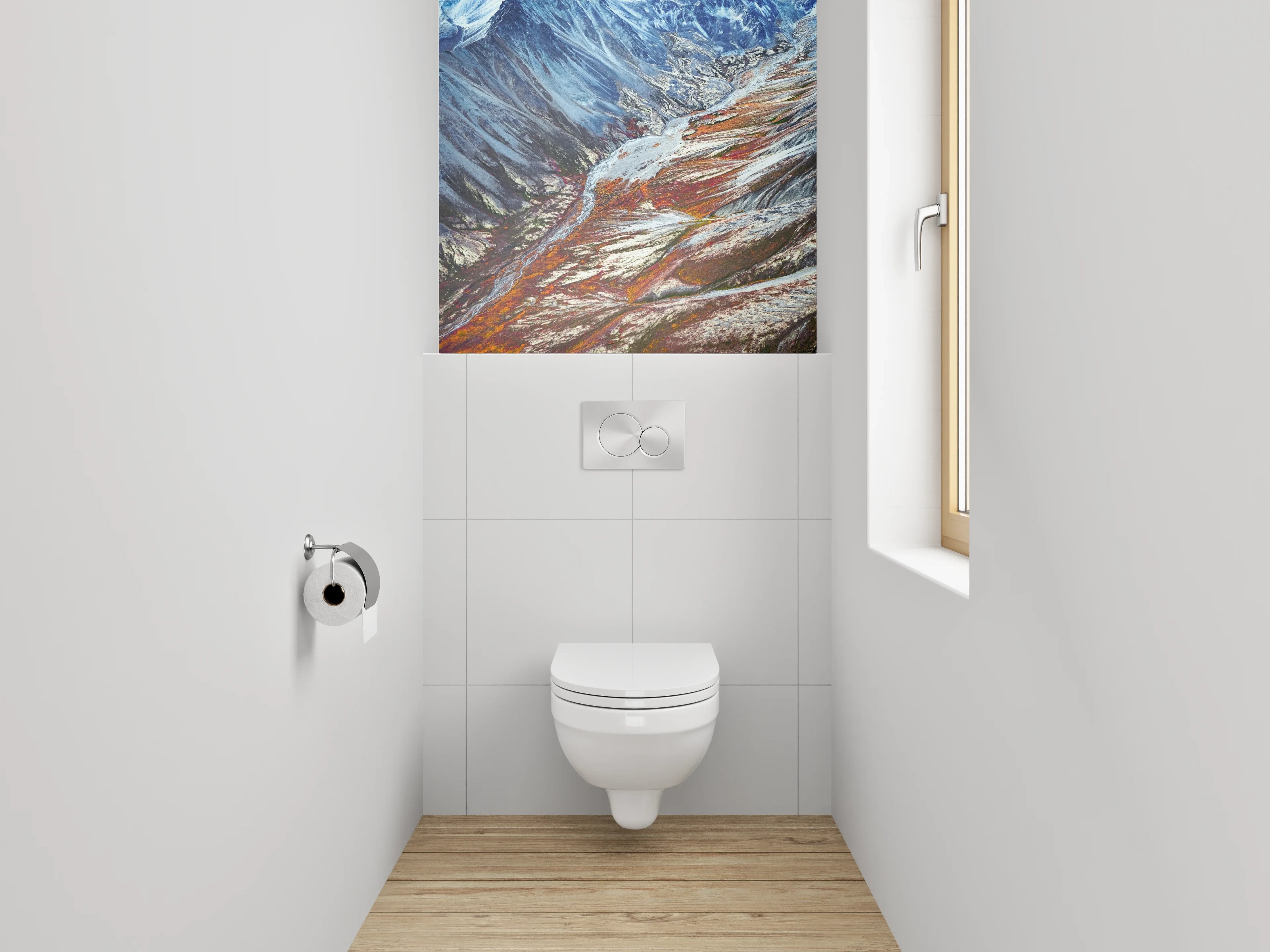 WC-Rückwand - Majestätisches Bergtal mit Farbakzenten