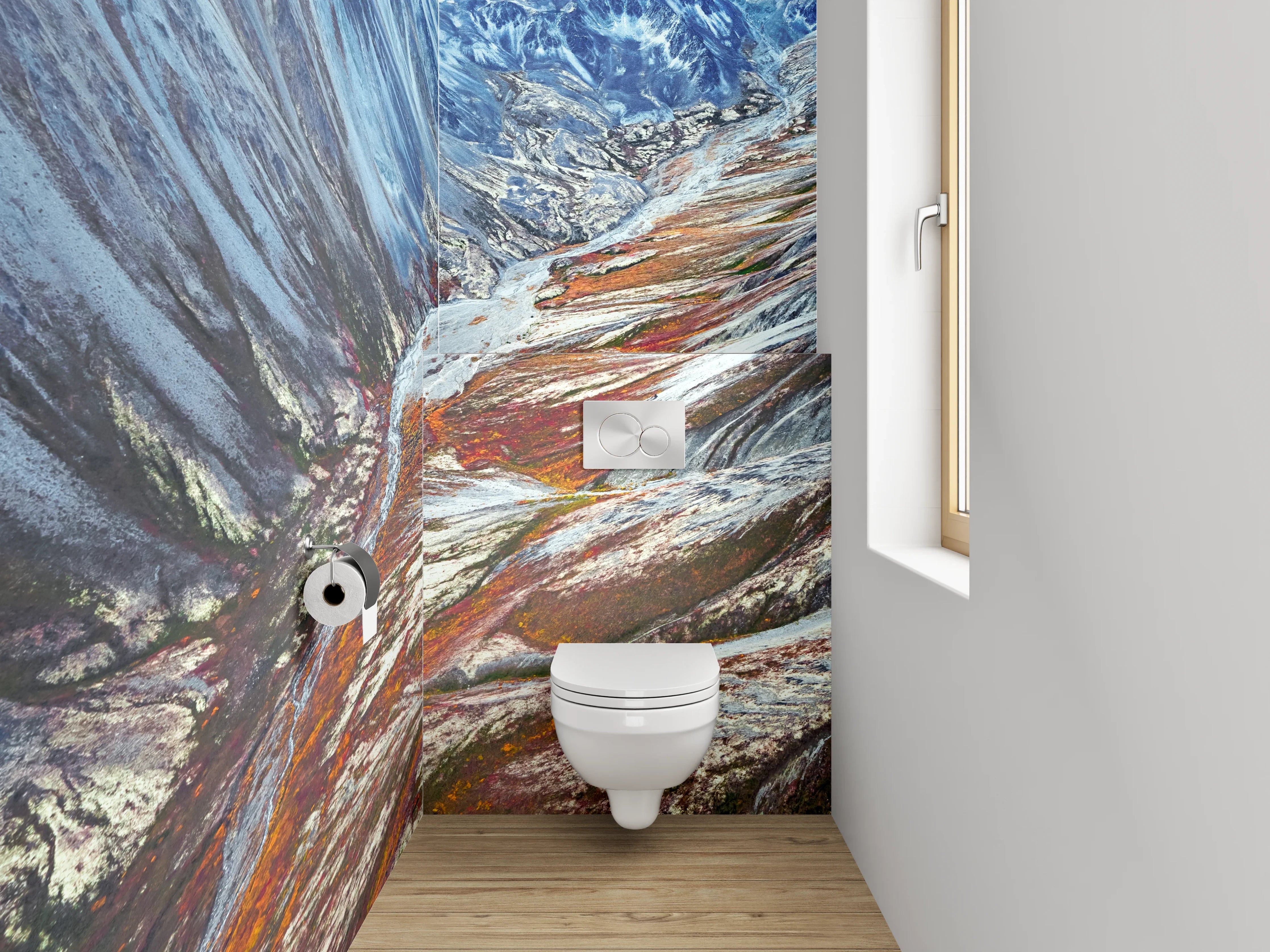 WC-Rückwand - Majestätisches Bergtal mit Farbakzenten