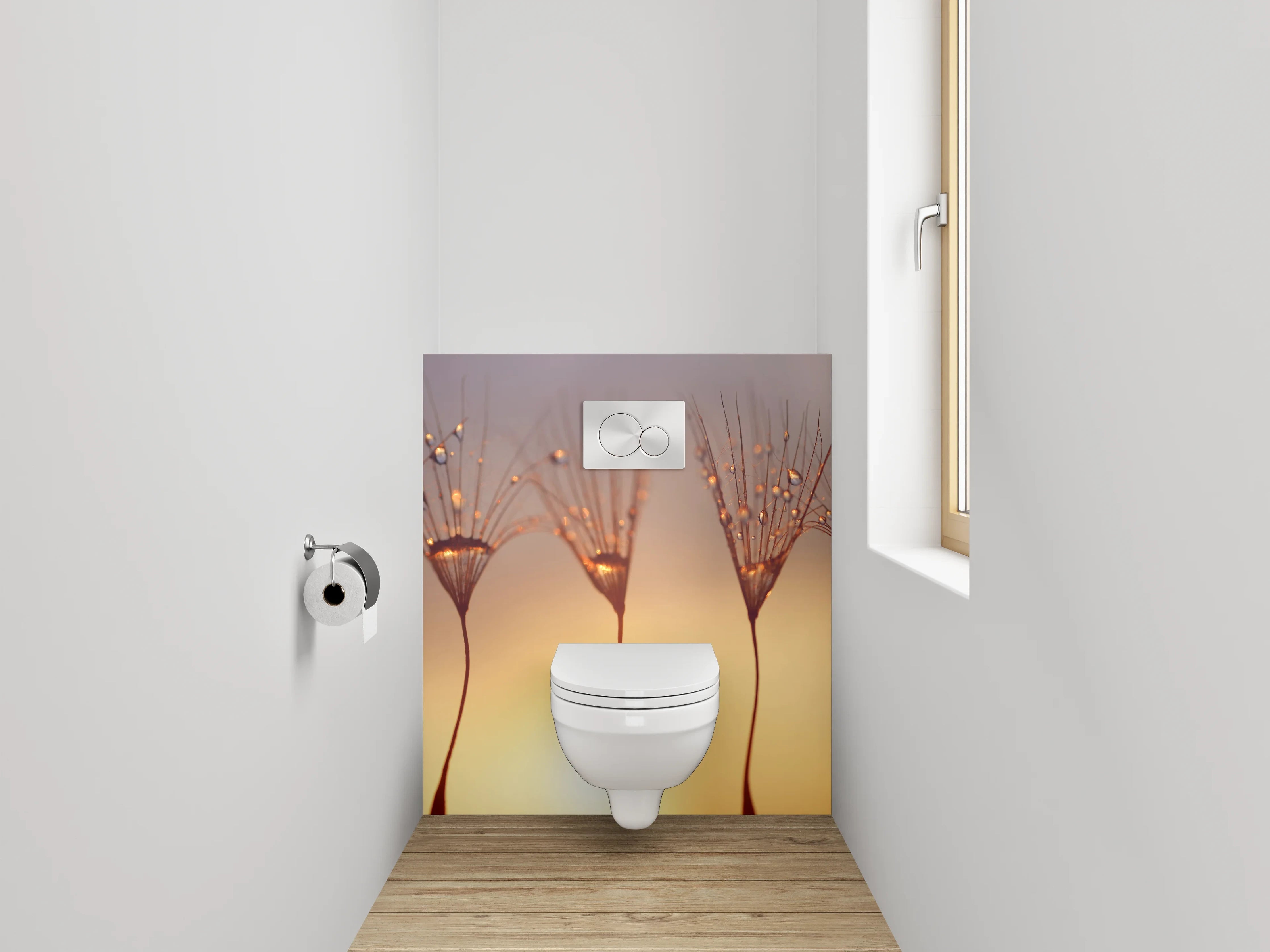 WC-Rückwand - Makro Sonnenaufgang Pusteblume Tropfen