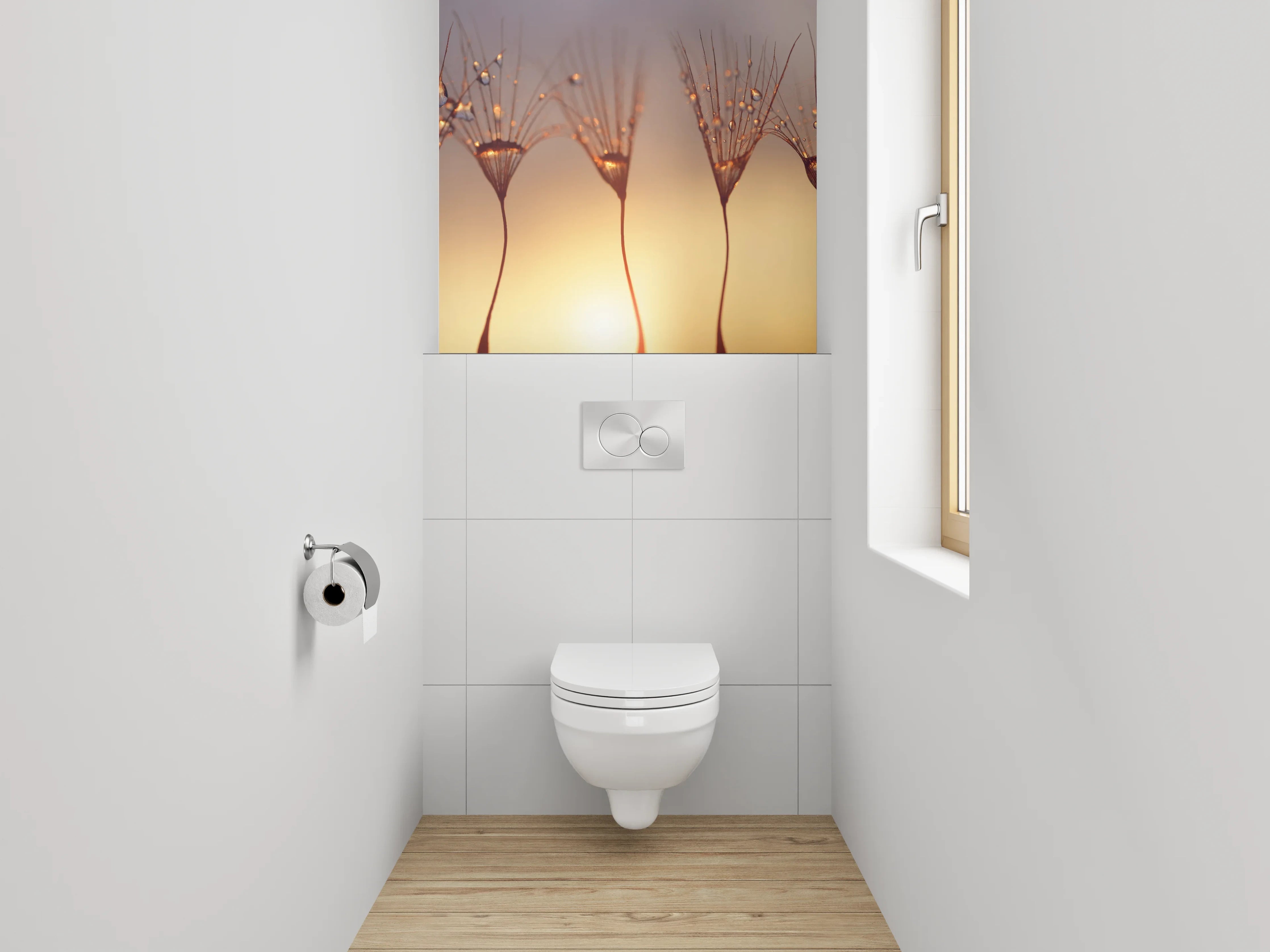 WC-Rückwand - Makro Sonnenaufgang Pusteblume Tropfen
