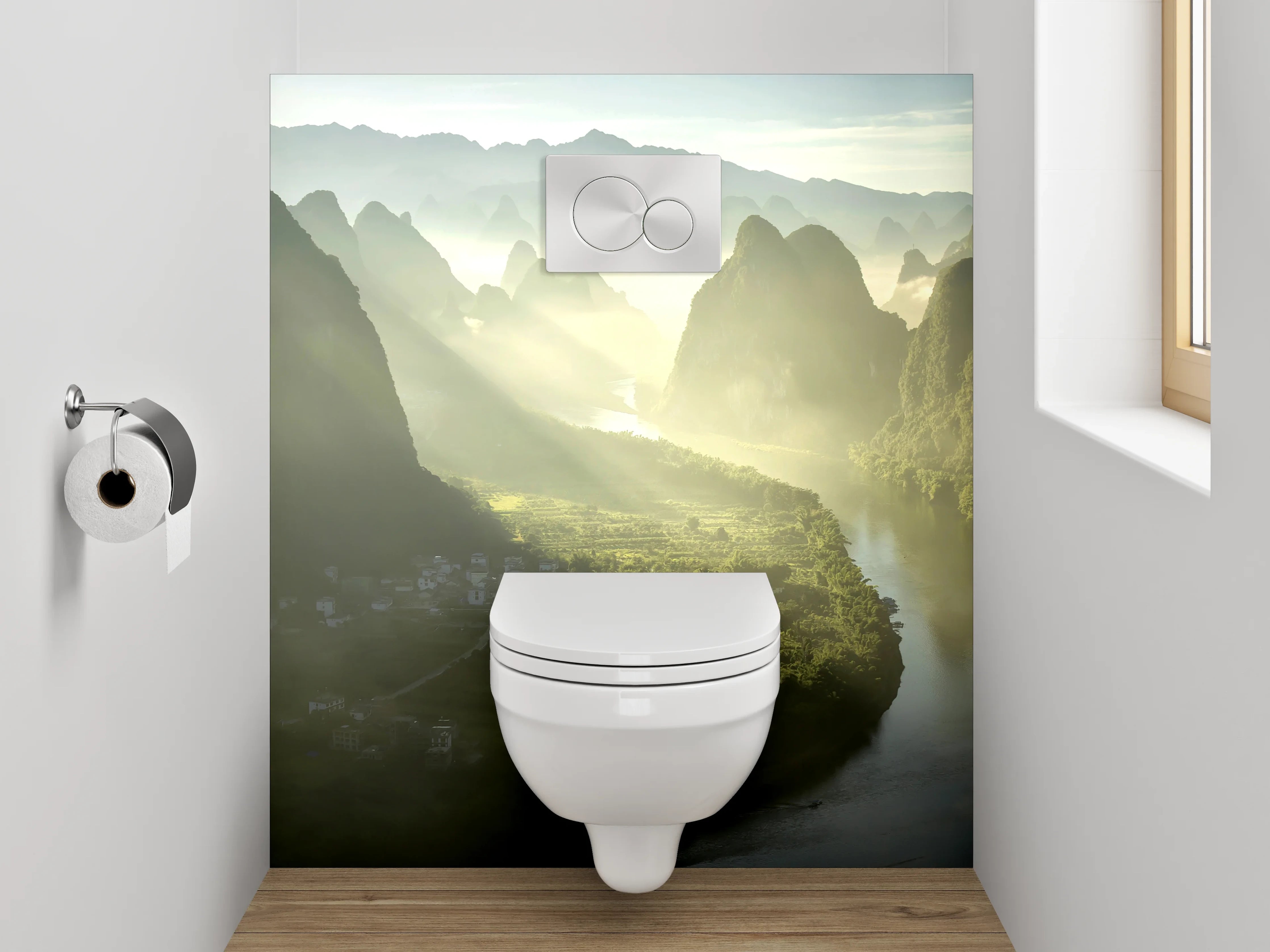 WC-Rückwand - Malerische Flusslandschaft mit Bergen
