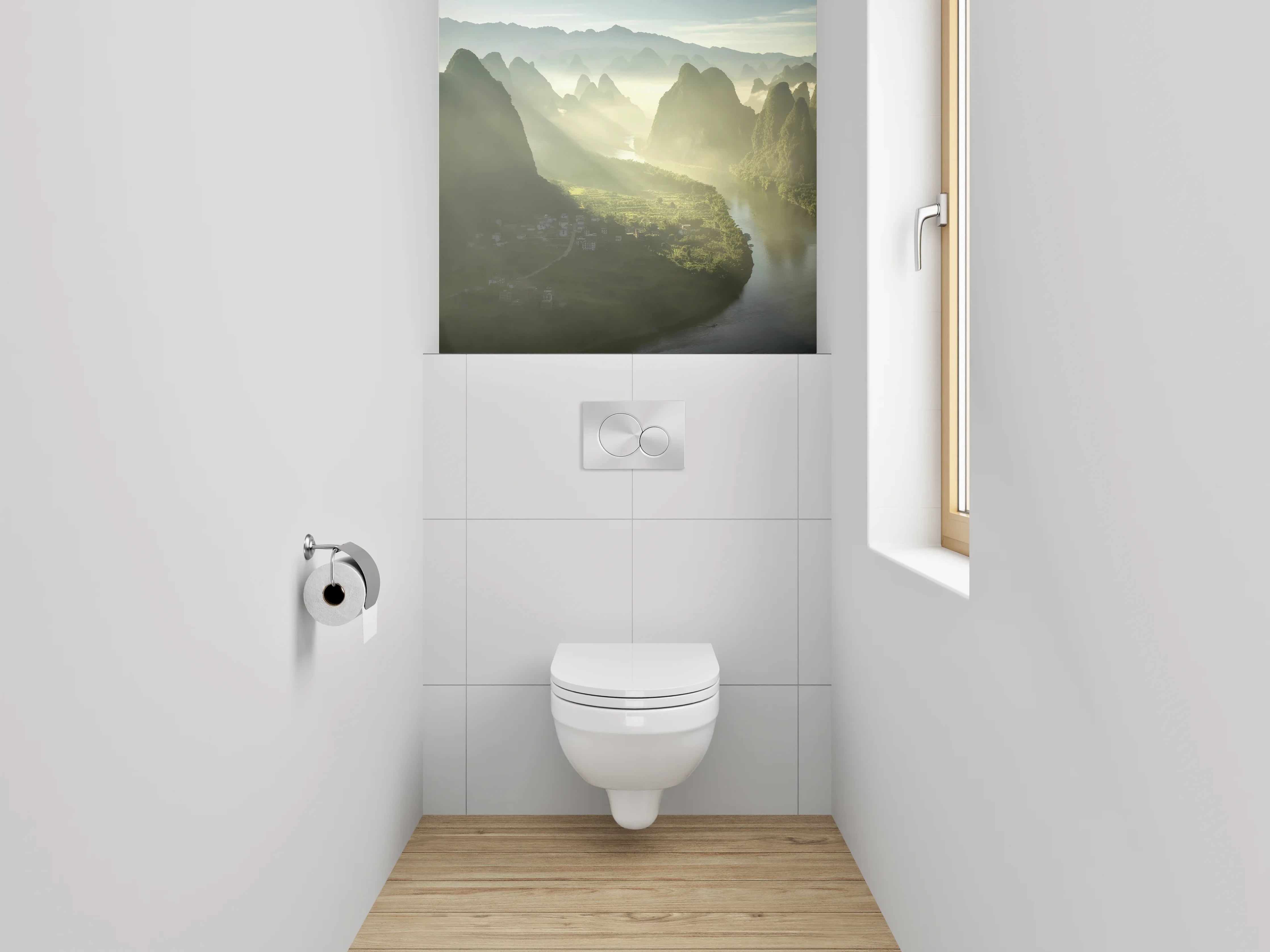 WC-Rückwand - Malerische Flusslandschaft mit Bergen