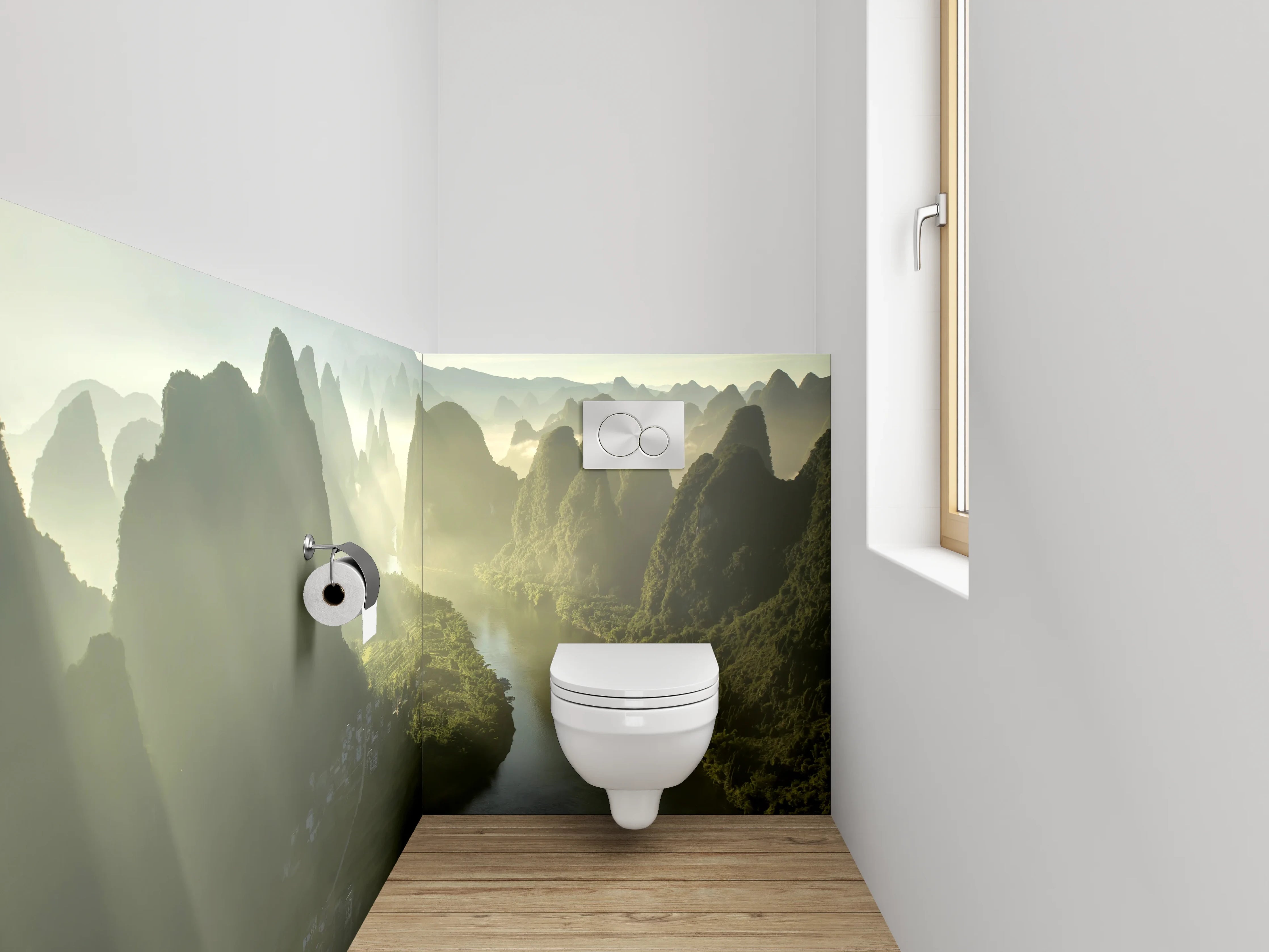 WC-Rückwand - Malerische Flusslandschaft mit Bergen