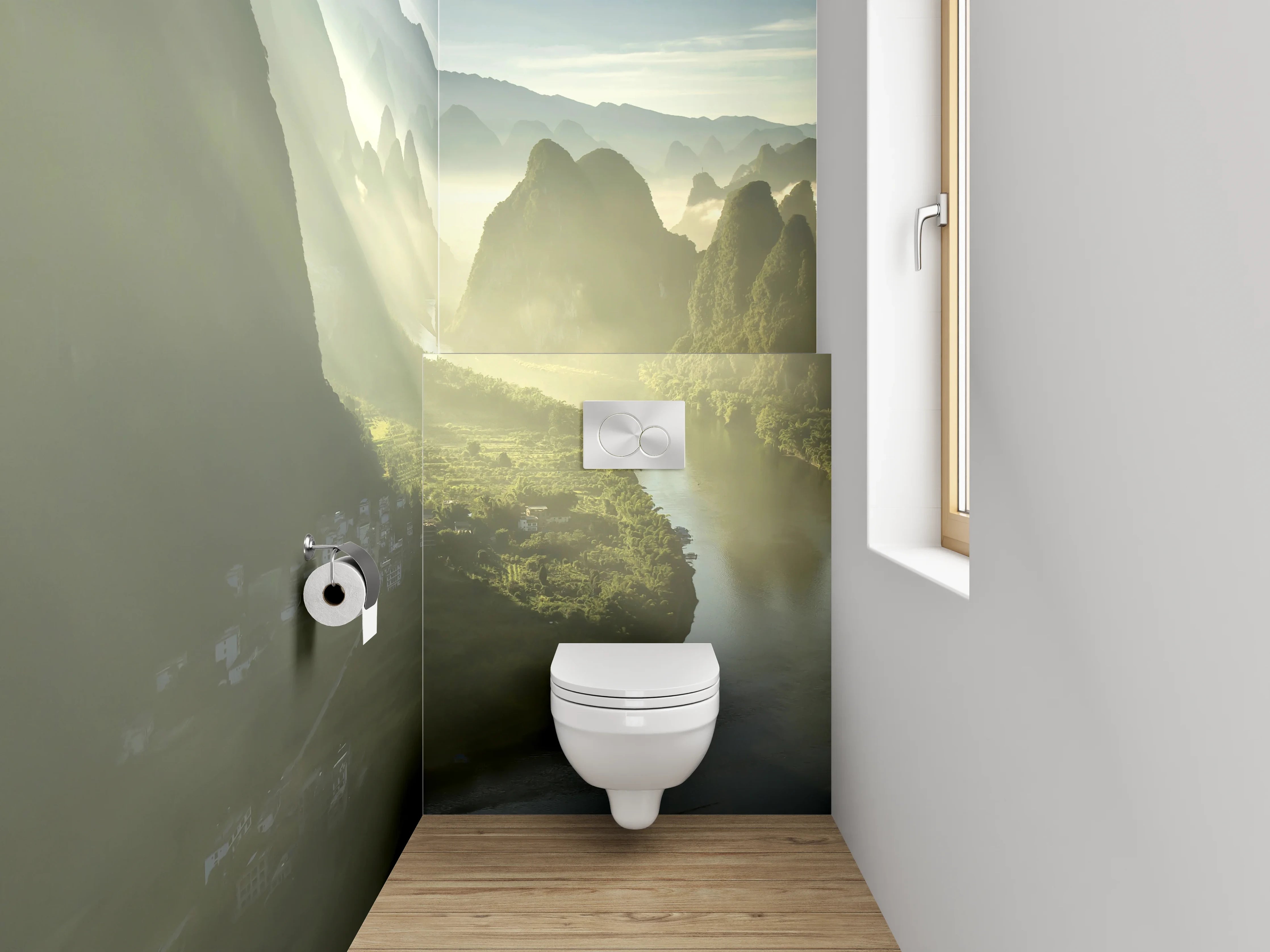 WC-Rückwand - Malerische Flusslandschaft mit Bergen