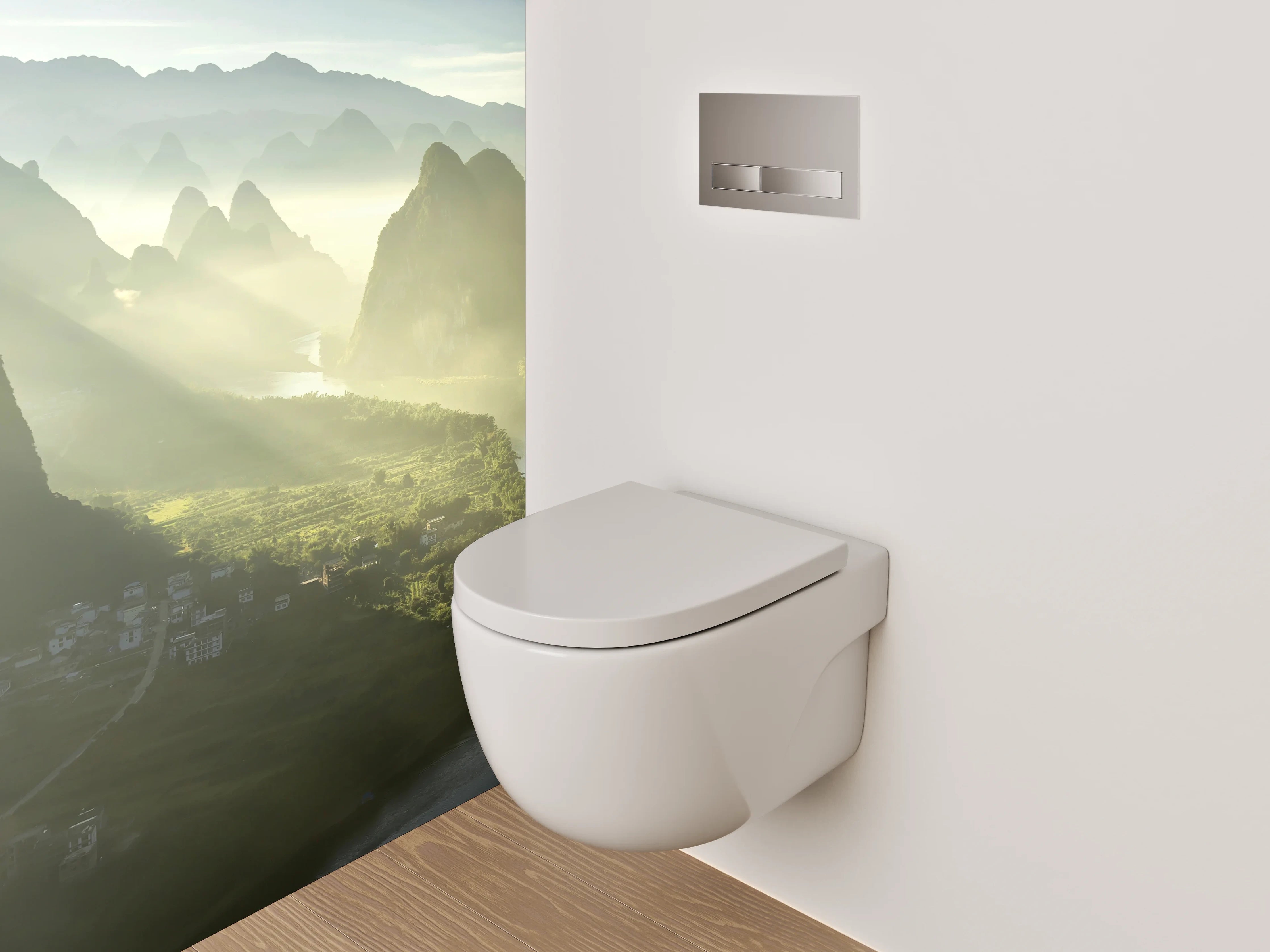 WC-Rückwand - Malerische Flusslandschaft mit Bergen