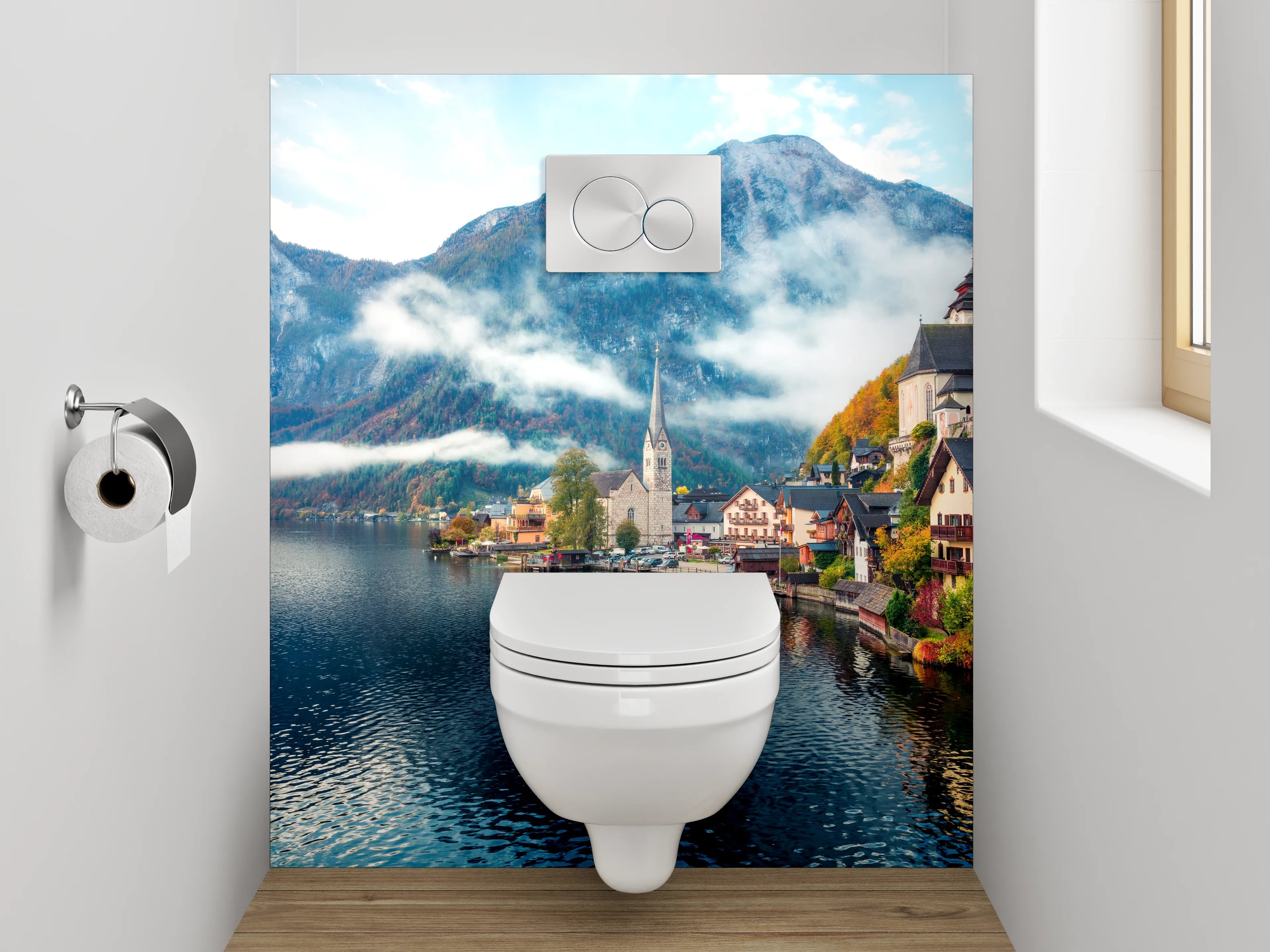 WC-Rückwand - Malerisches Bergdorf am glitzernden See