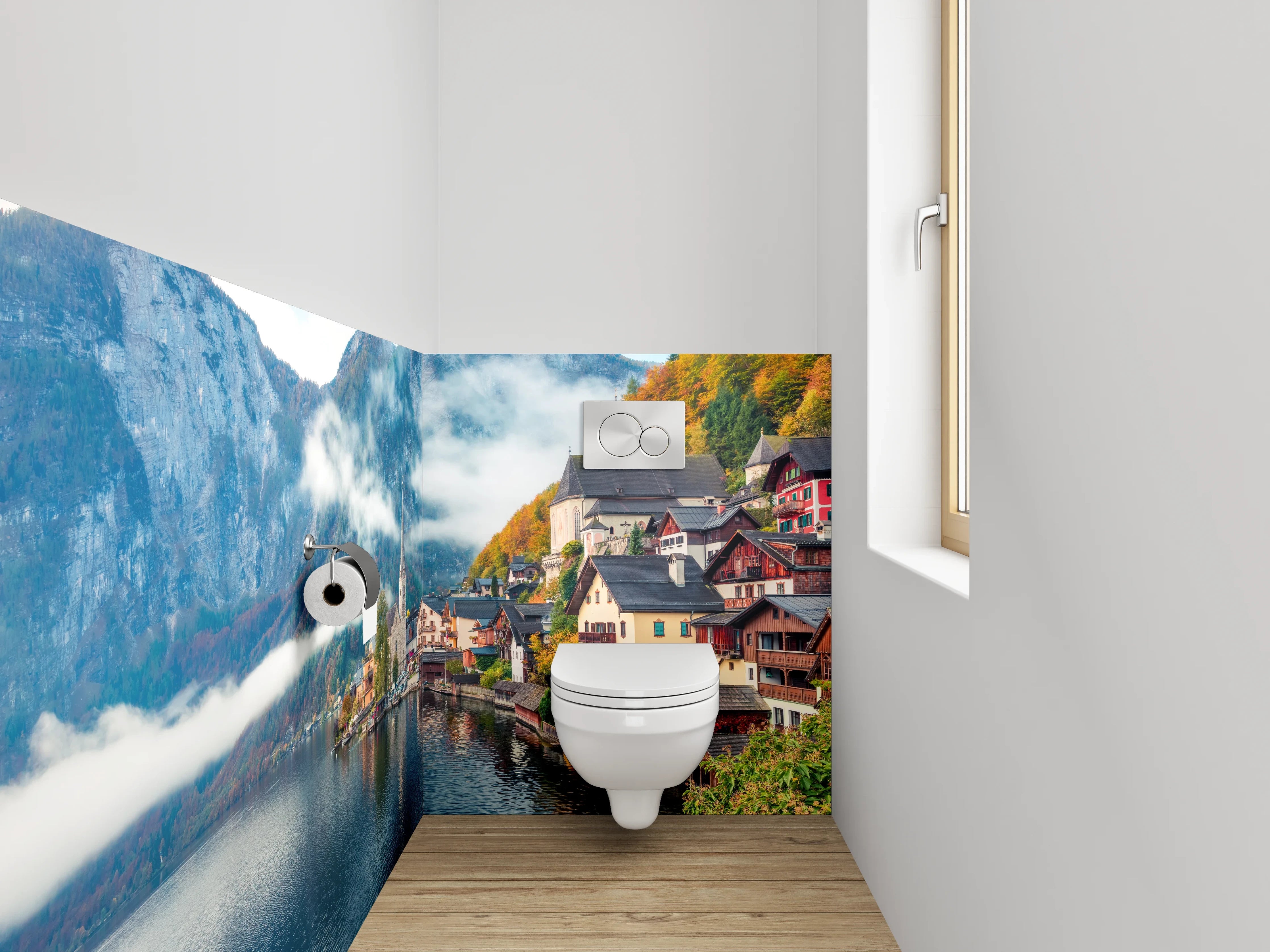 WC-Rückwand - Malerisches Bergdorf am glitzernden See