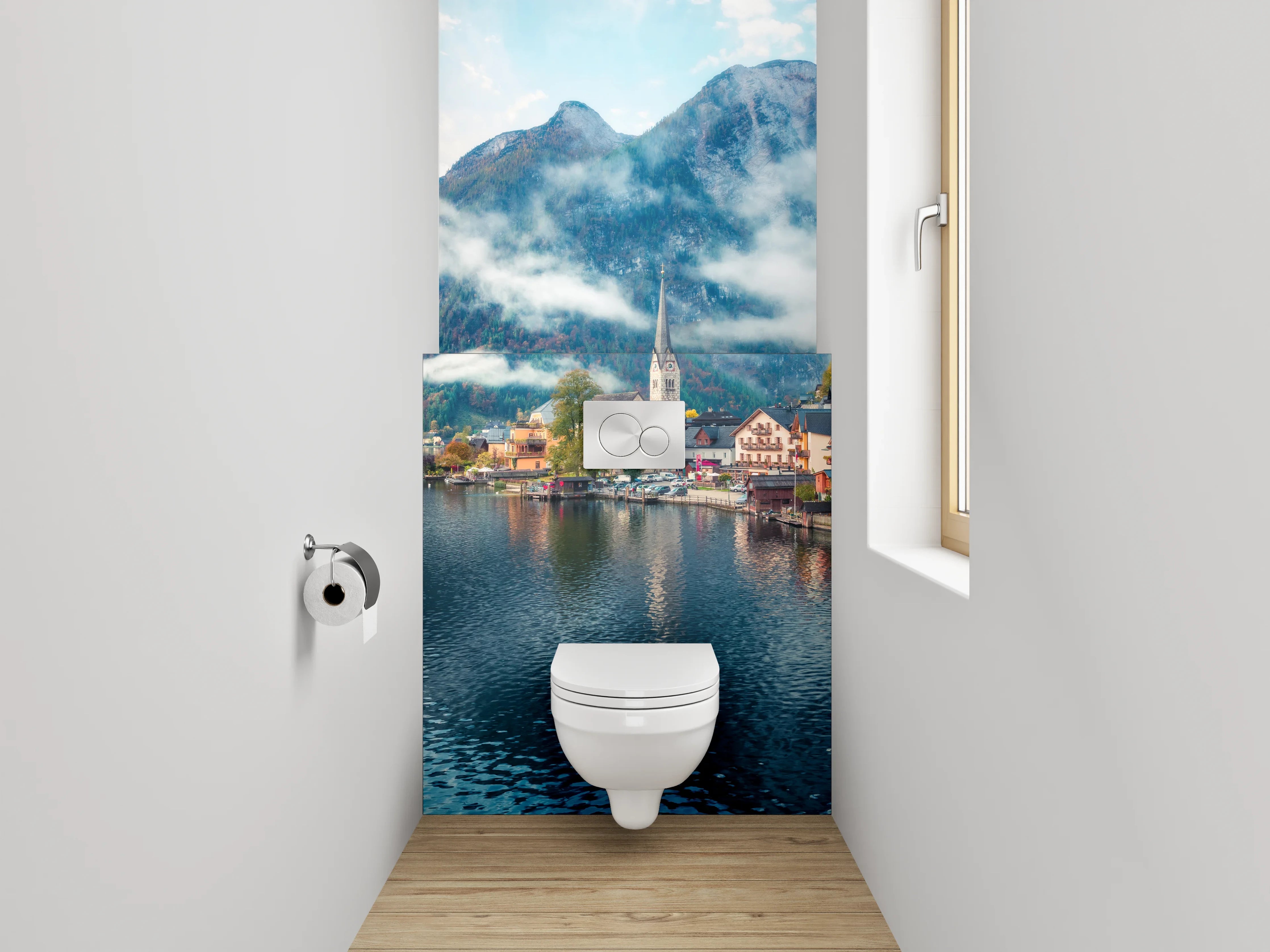WC-Rückwand - Malerisches Bergdorf am glitzernden See