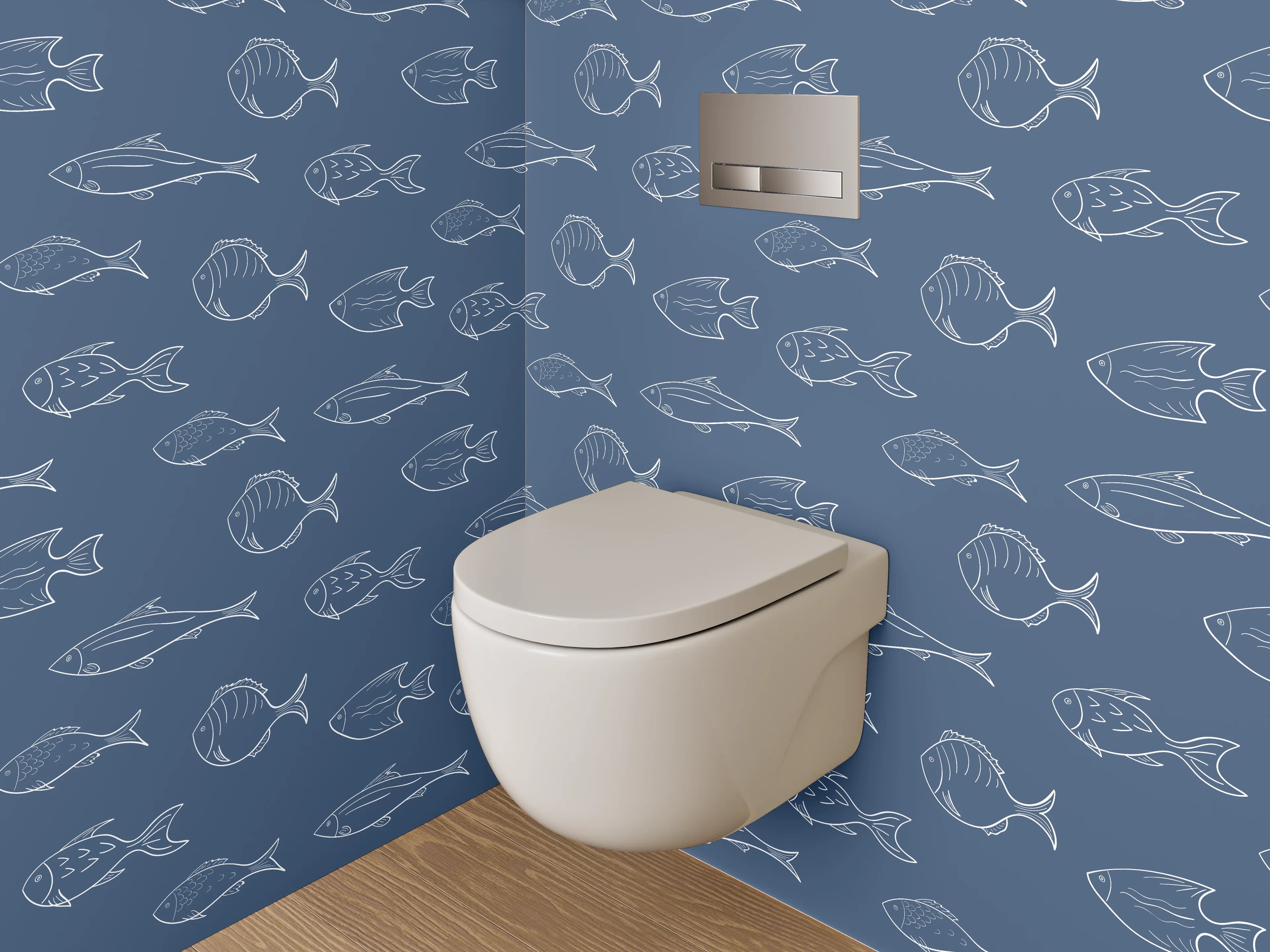 WC-Rückwand - Maritimes Fischmuster Blau Weiß