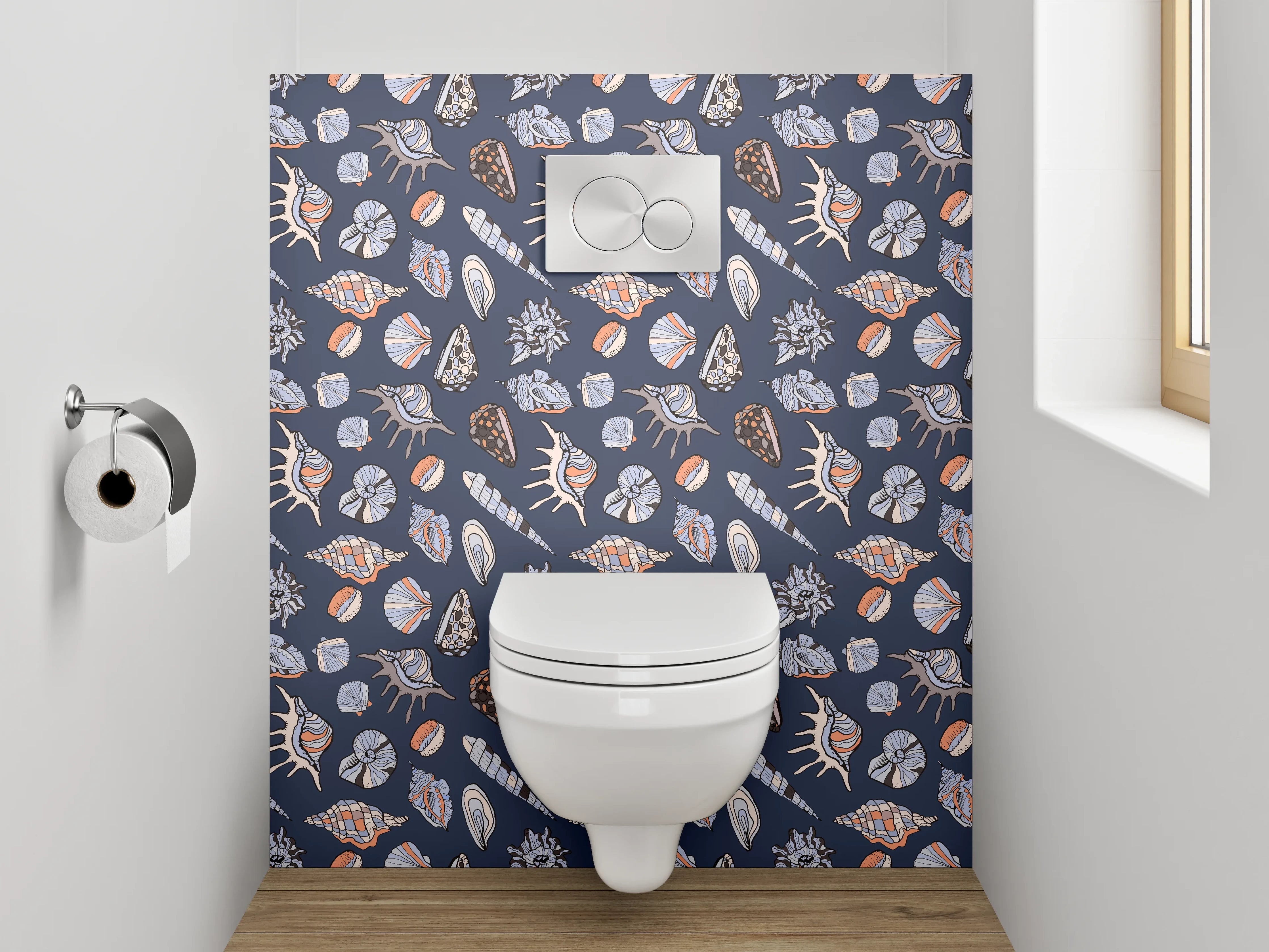 WC-Rückwand - Maritimes Muschel-Muster Blau Beige