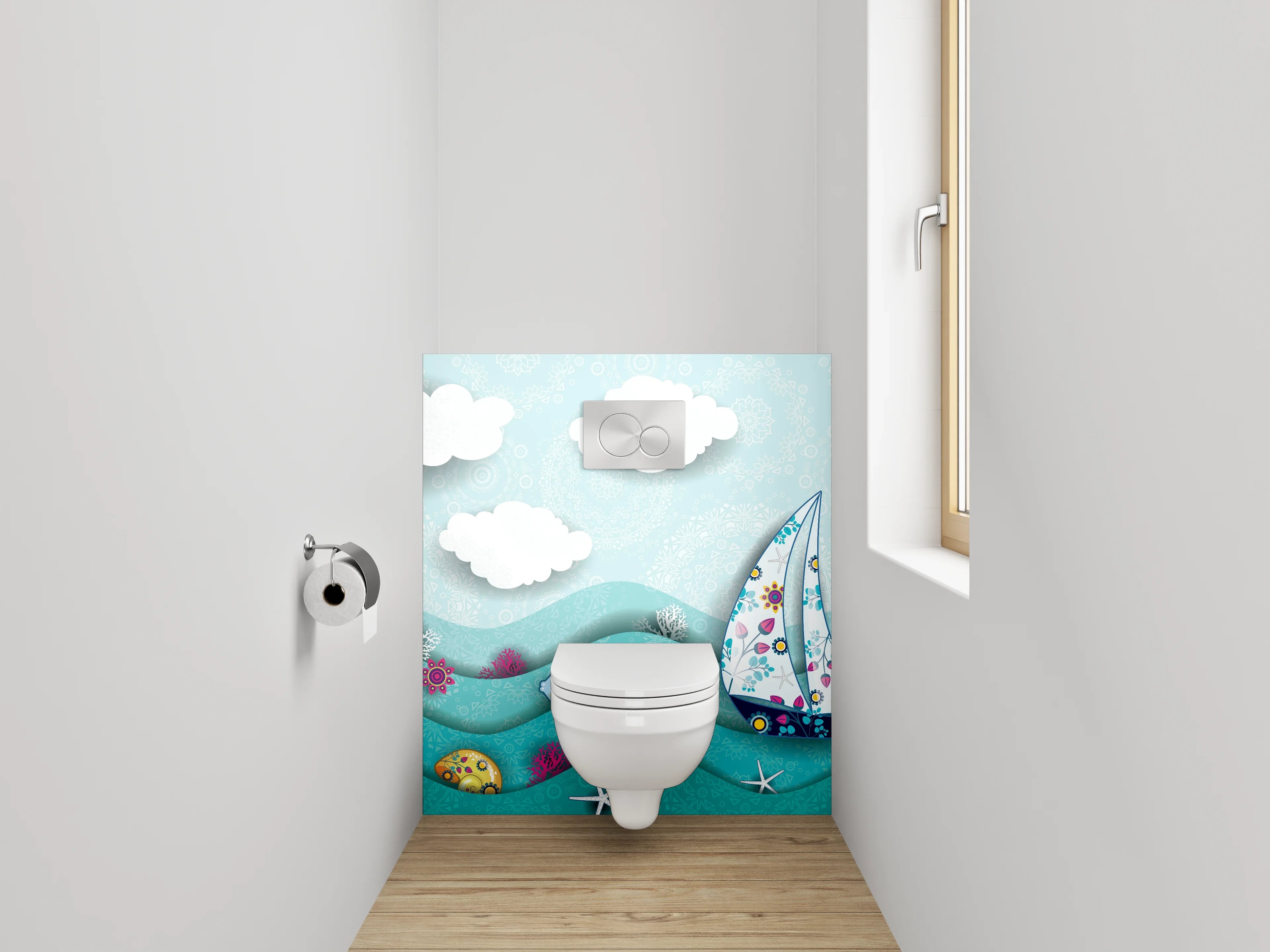 WC-Rückwand - Maritimes Segelboot am Leuchtturm