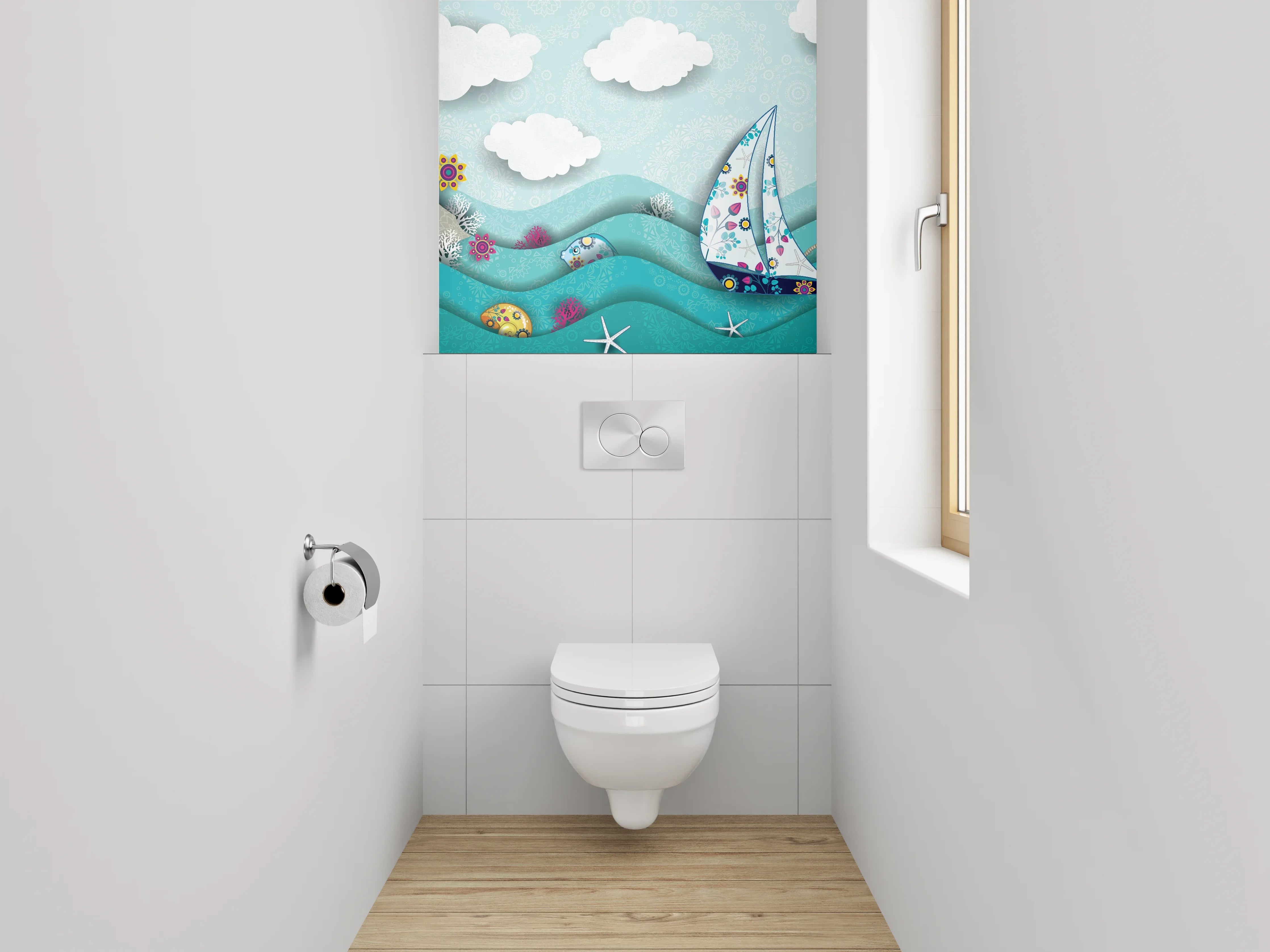 WC-Rückwand - Maritimes Segelboot am Leuchtturm
