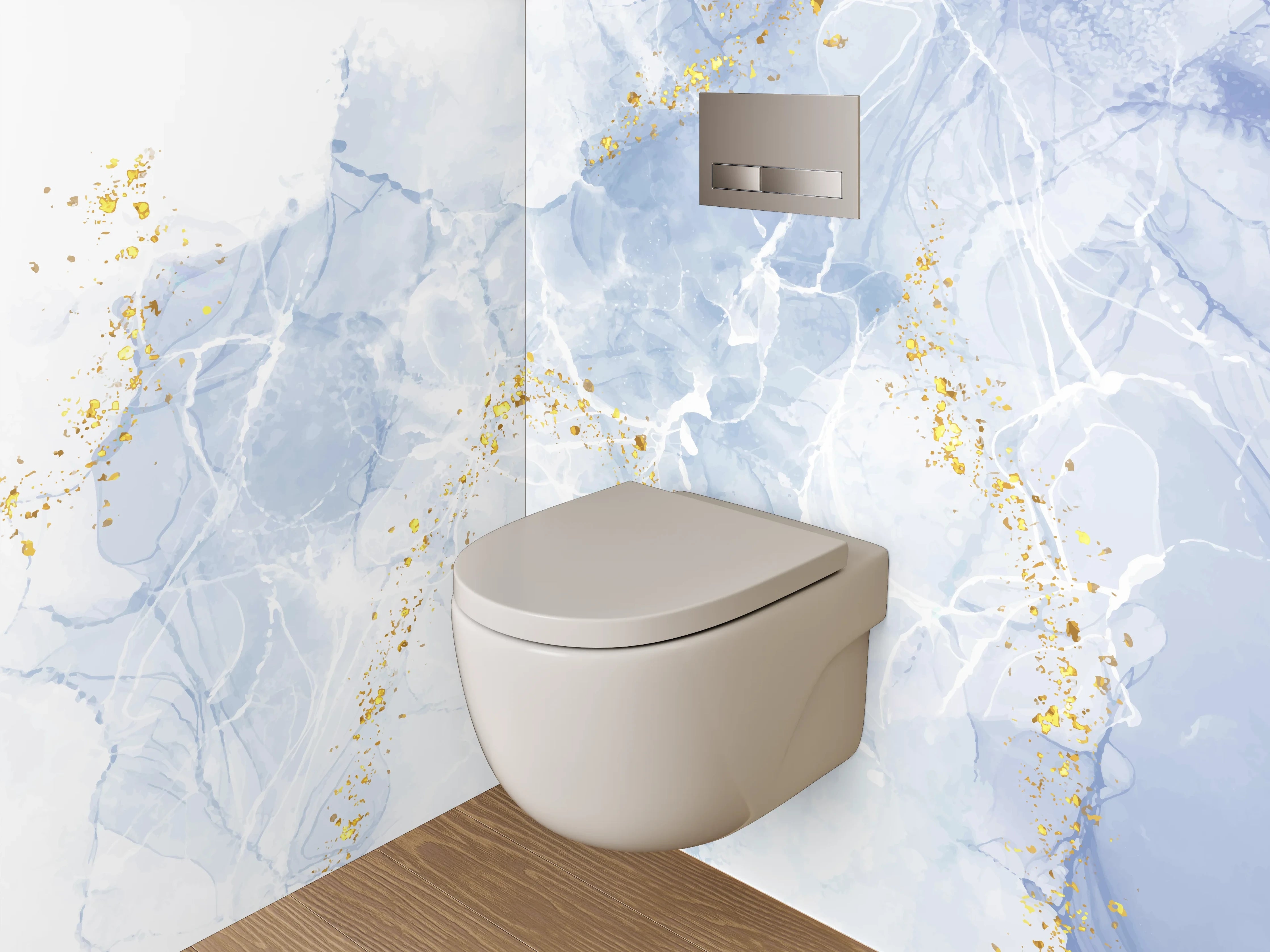WC-Rückwand - Marmor Aquarell in Weiß Blau Gold