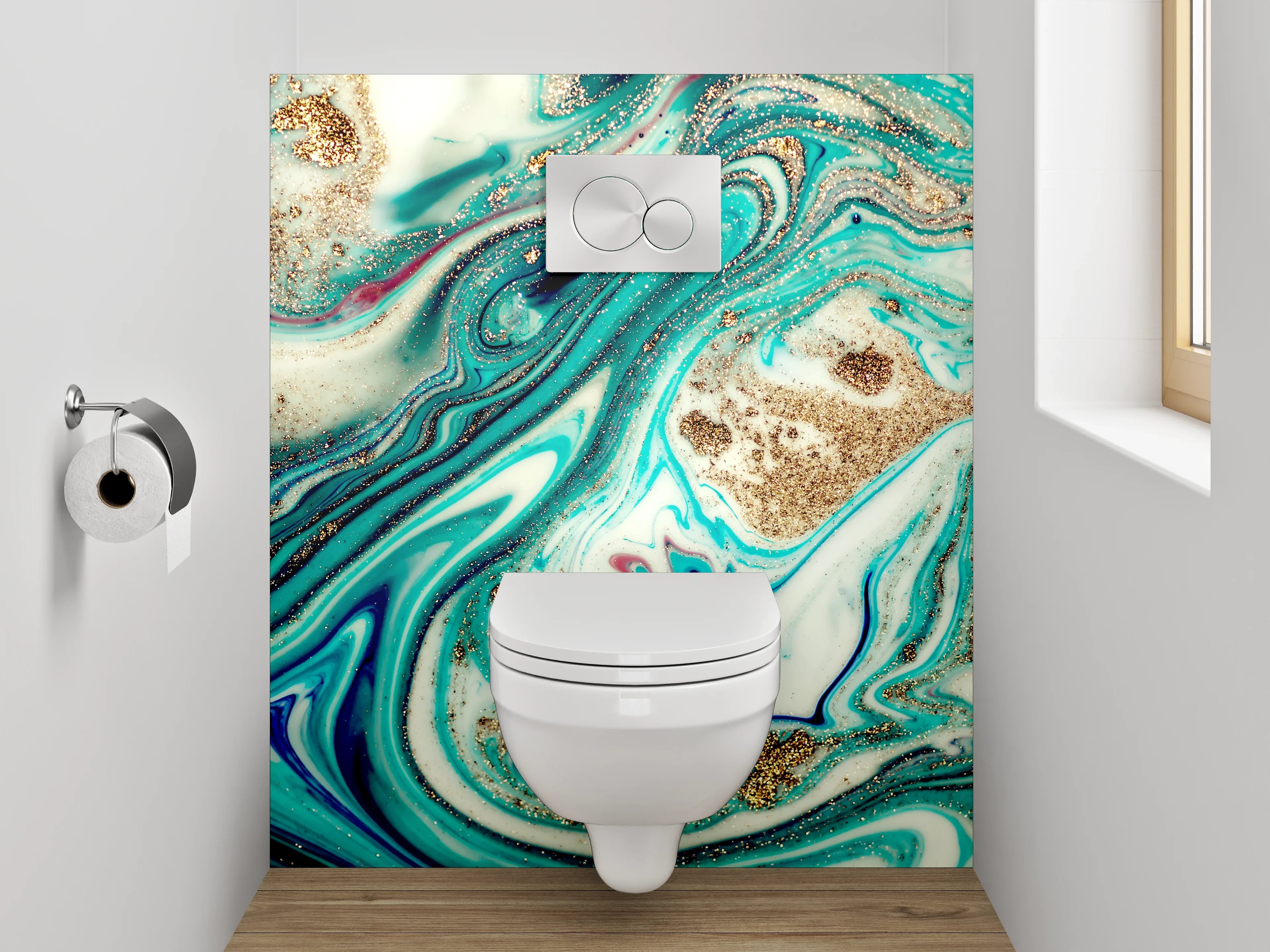 WC-Rückwand - Marmor Effekt Türkis Gold Abstrakt