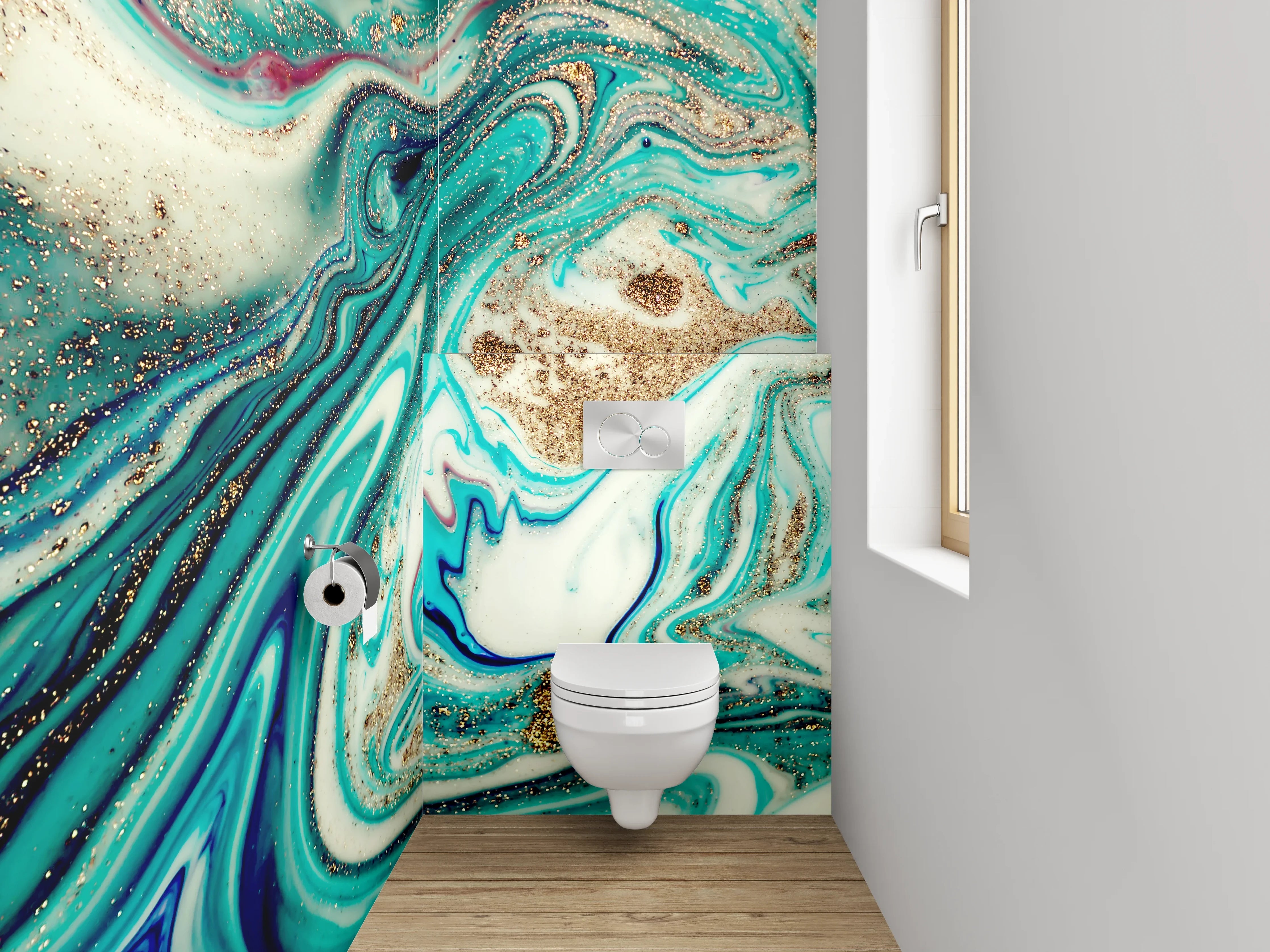 WC-Rückwand - Marmor Effekt Türkis Gold Abstrakt