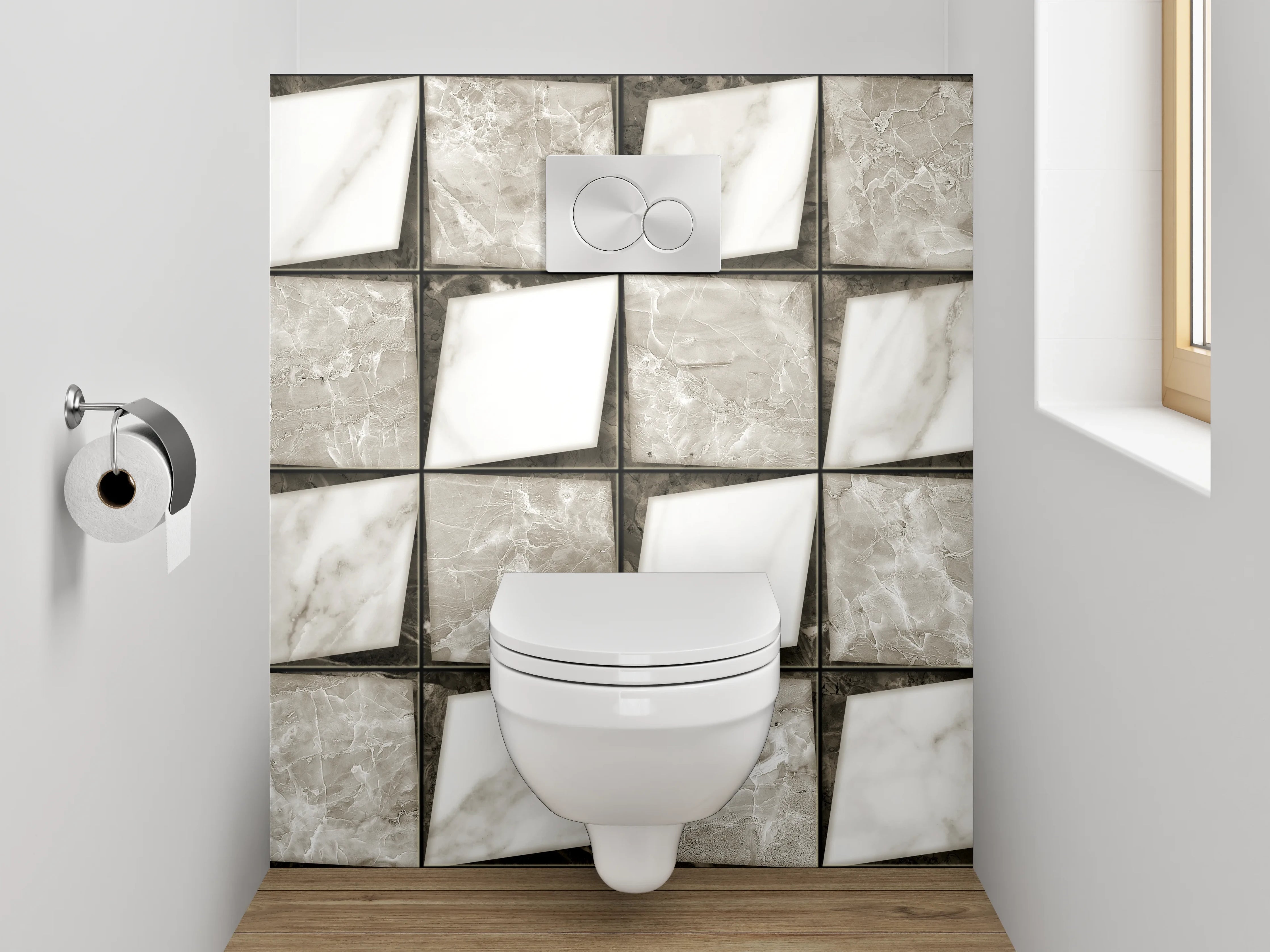 WC-Rückwand - Marmor-Fliesenmuster in Weiß und Grau