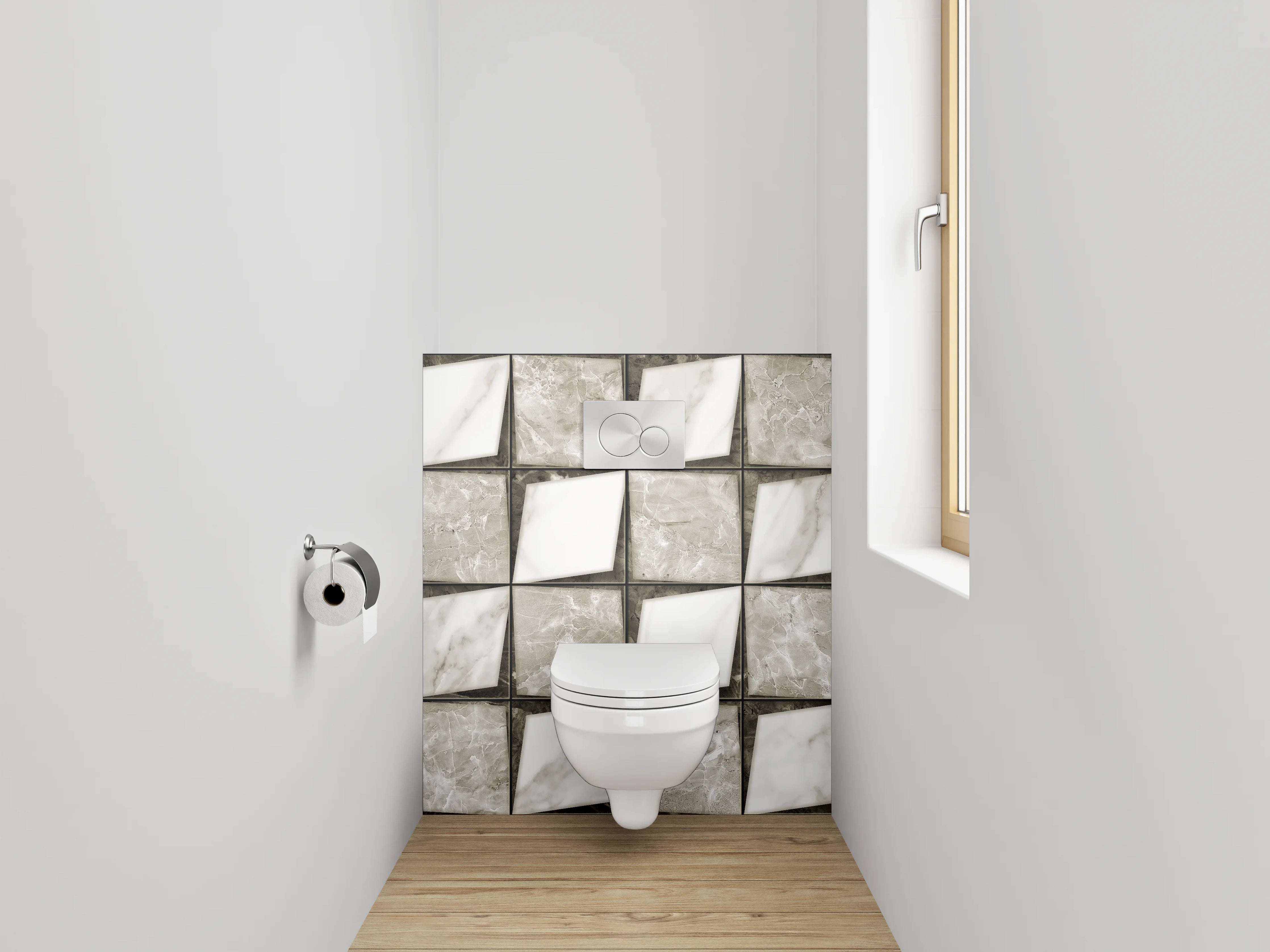 WC-Rückwand - Marmor-Fliesenmuster in Weiß und Grau