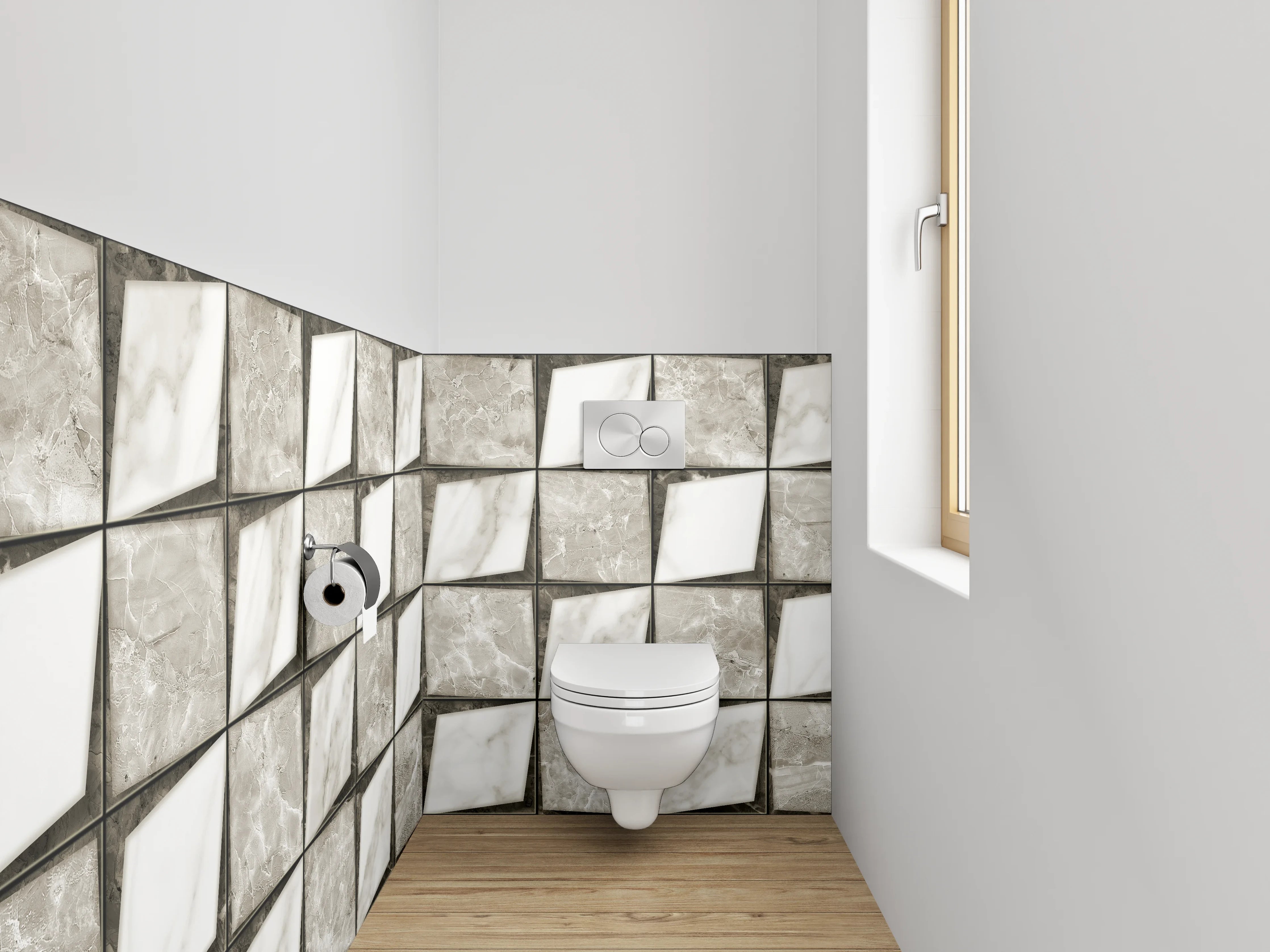 WC-Rückwand - Marmor-Fliesenmuster in Weiß und Grau