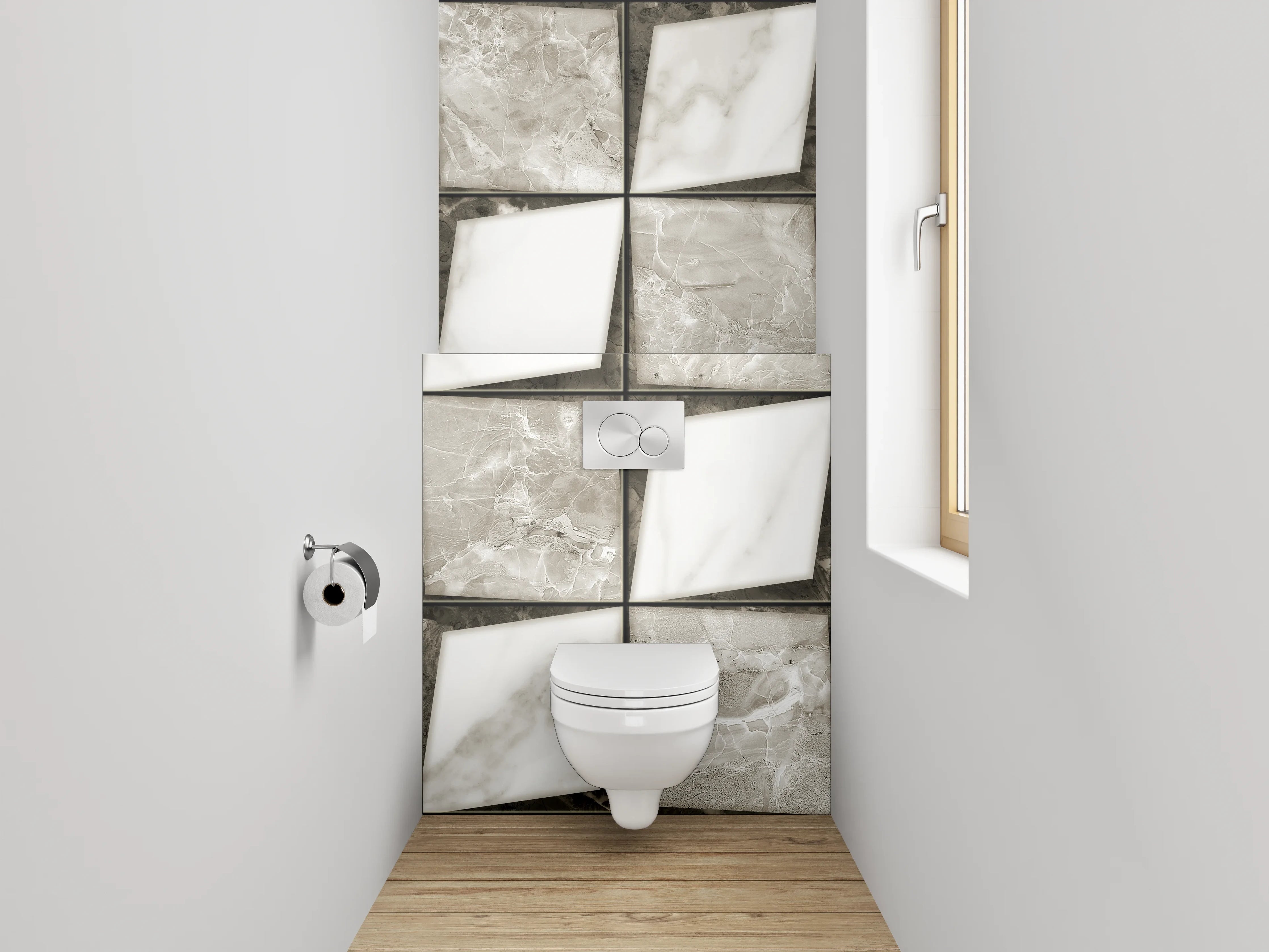 WC-Rückwand - Marmor-Fliesenmuster in Weiß und Grau