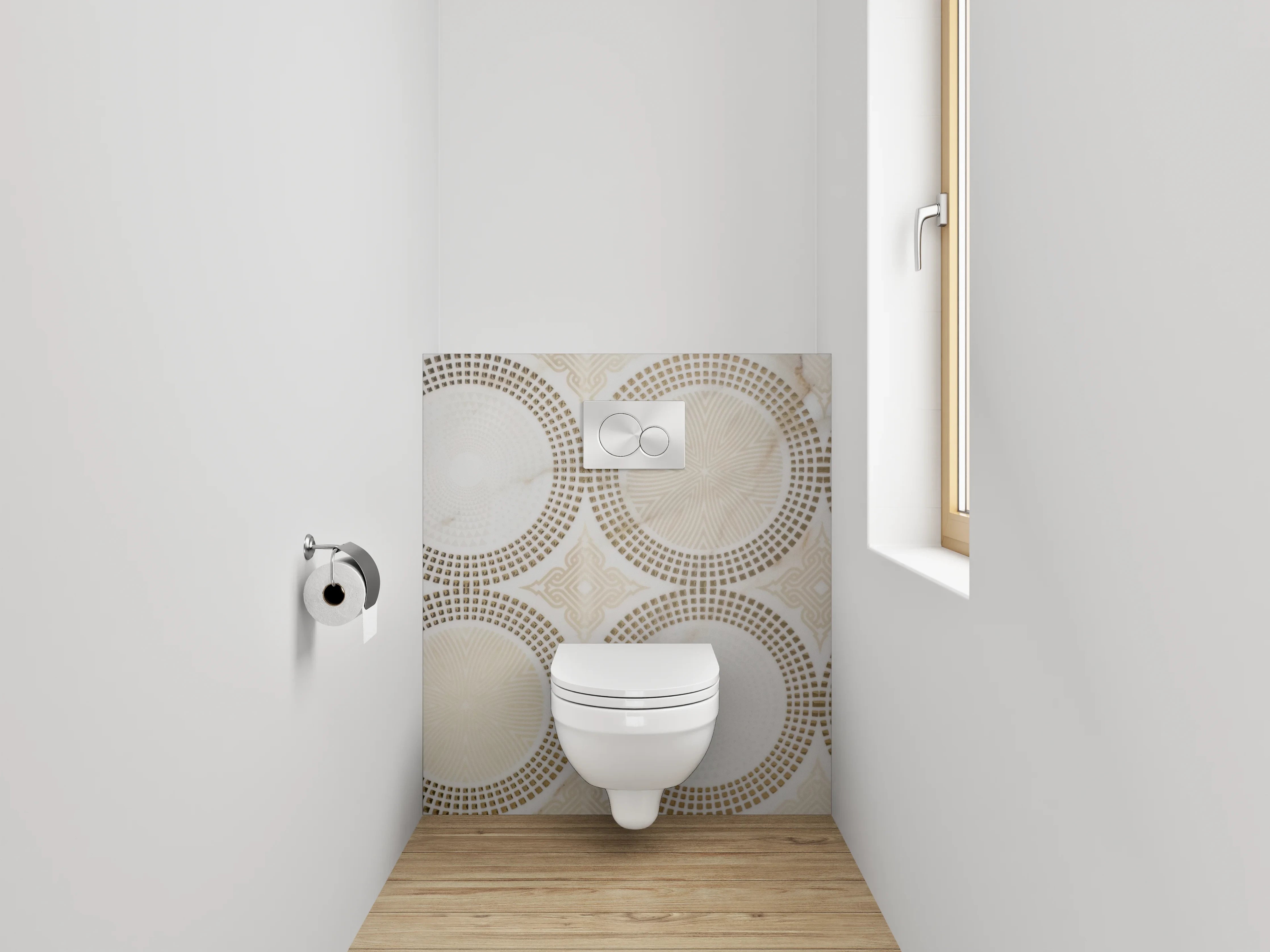 WC-Rückwand - Marmor Kreismuster in Beige und Weiß