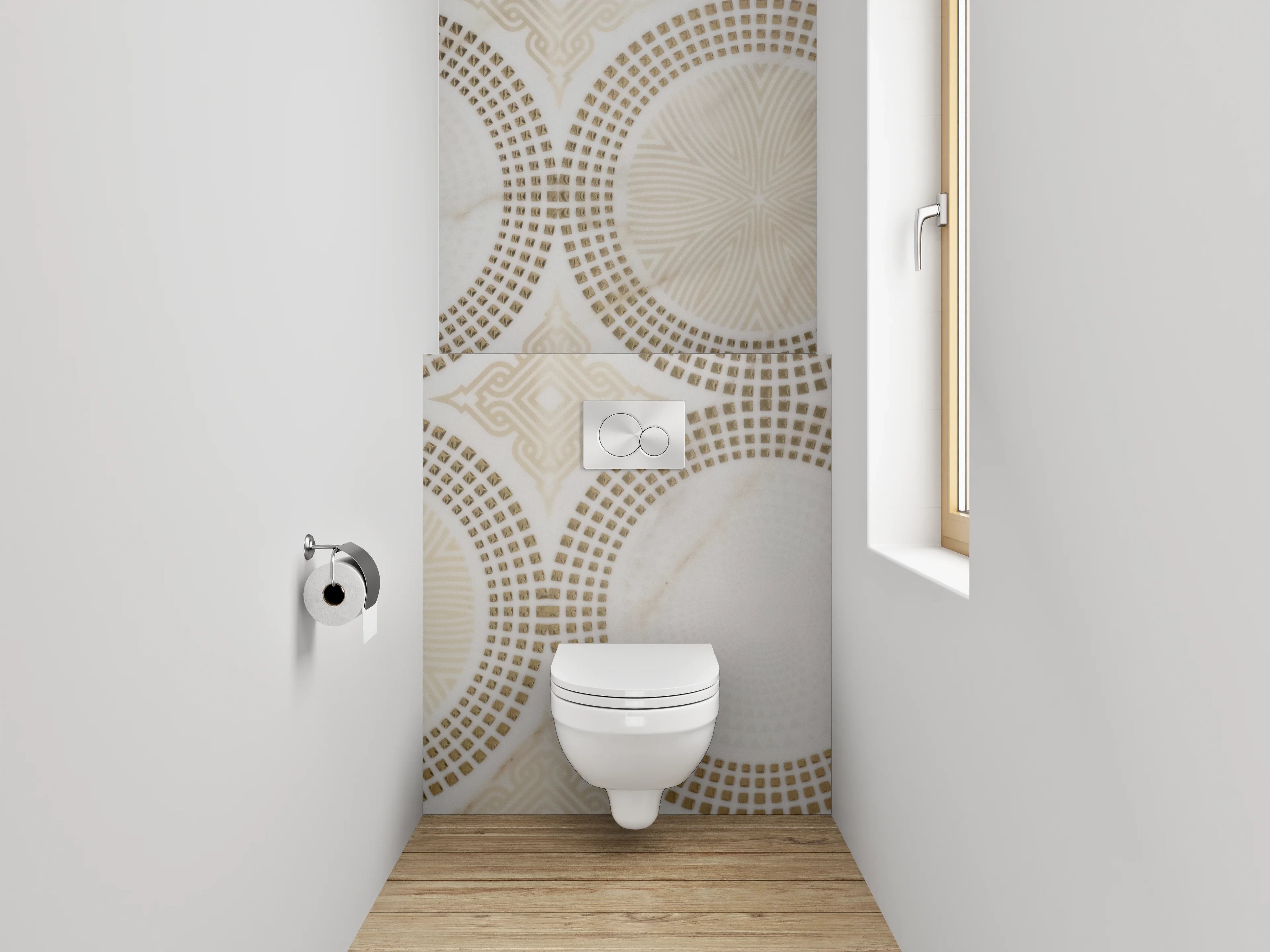 WC-Rückwand - Marmor Kreismuster in Beige und Weiß