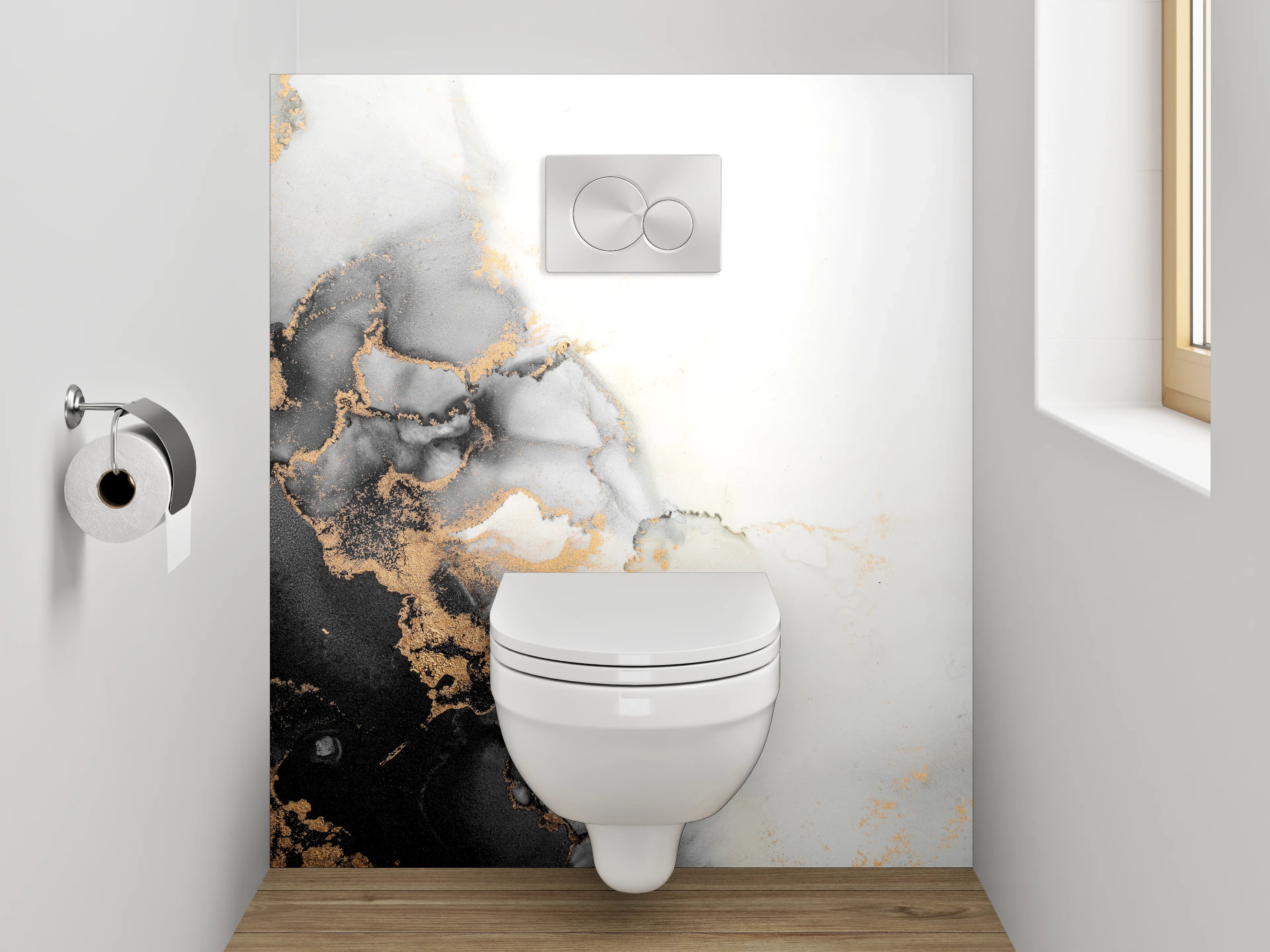 WC-Rückwand - Marmor-Optik Schwarz Weiß Gold Abstrakt