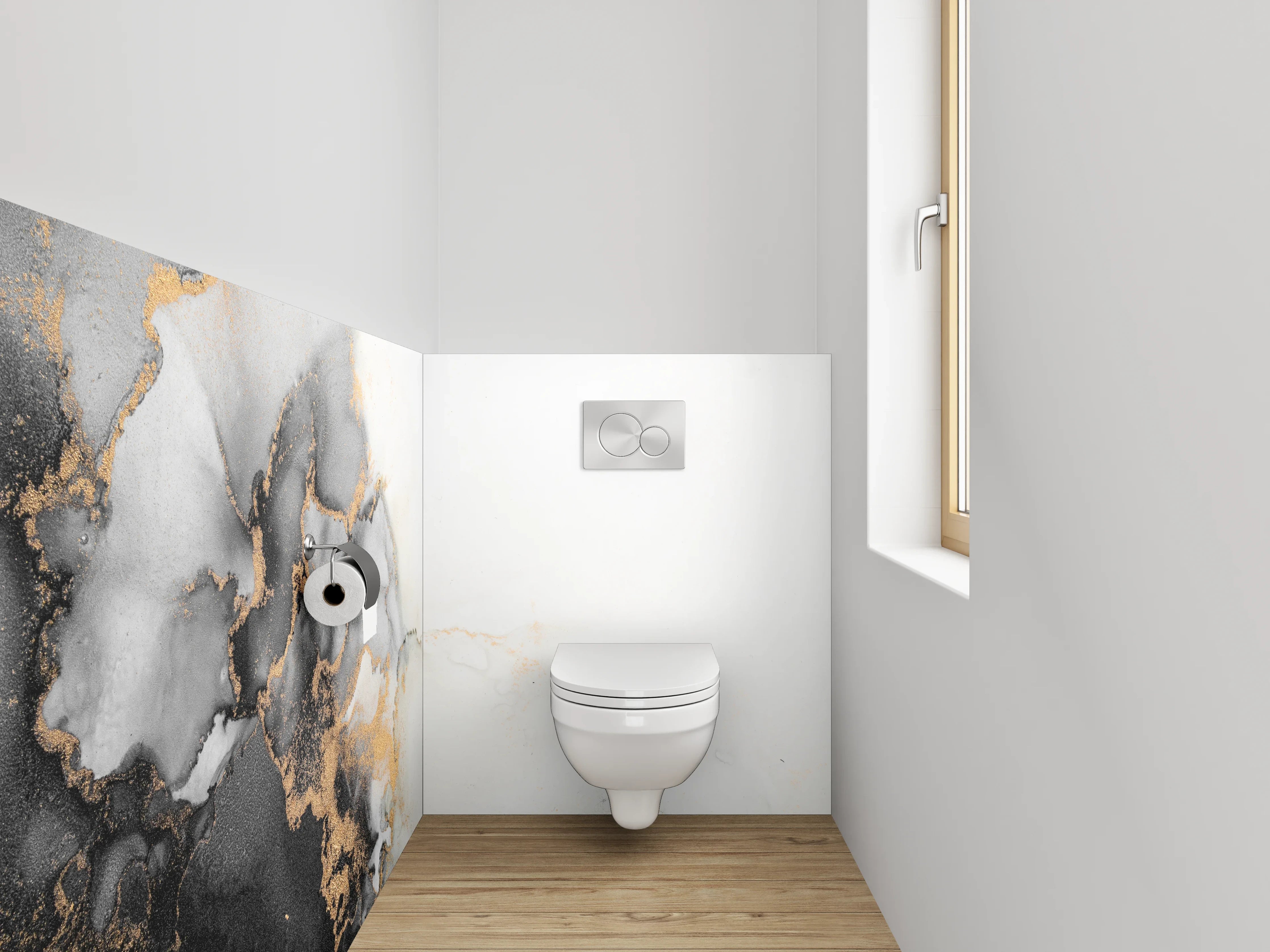 WC-Rückwand - Marmor-Optik Schwarz Weiß Gold Abstrakt