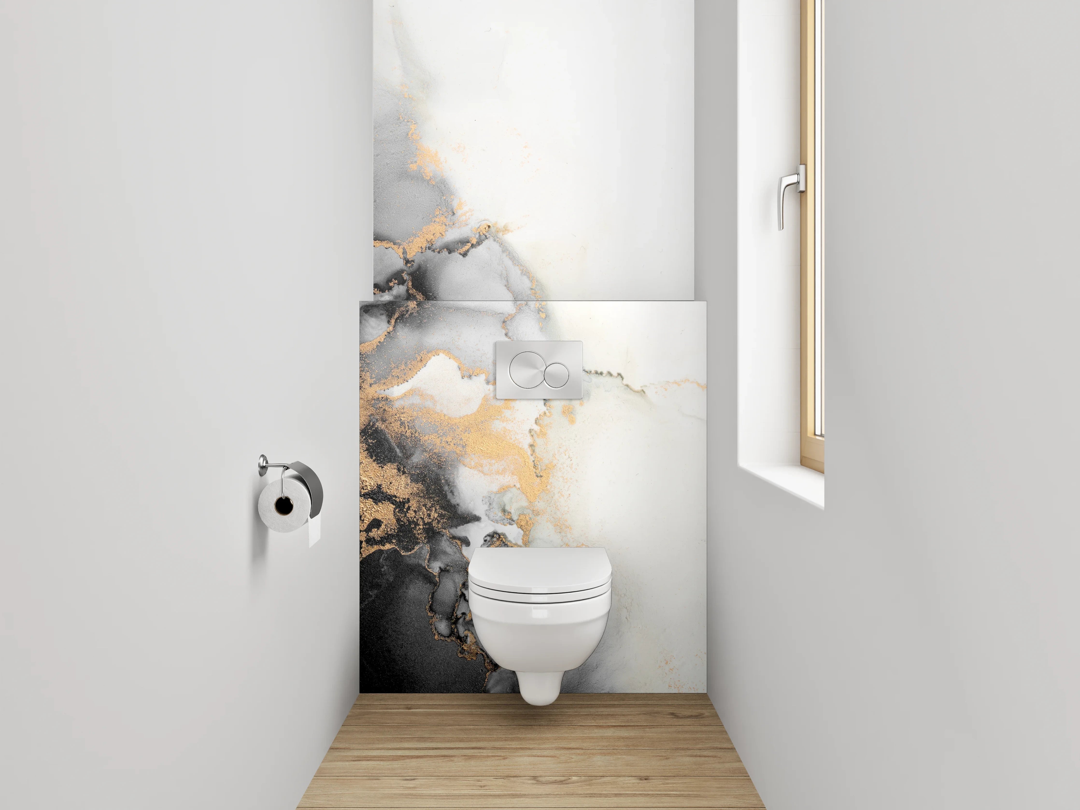 WC-Rückwand - Marmor-Optik Schwarz Weiß Gold Abstrakt
