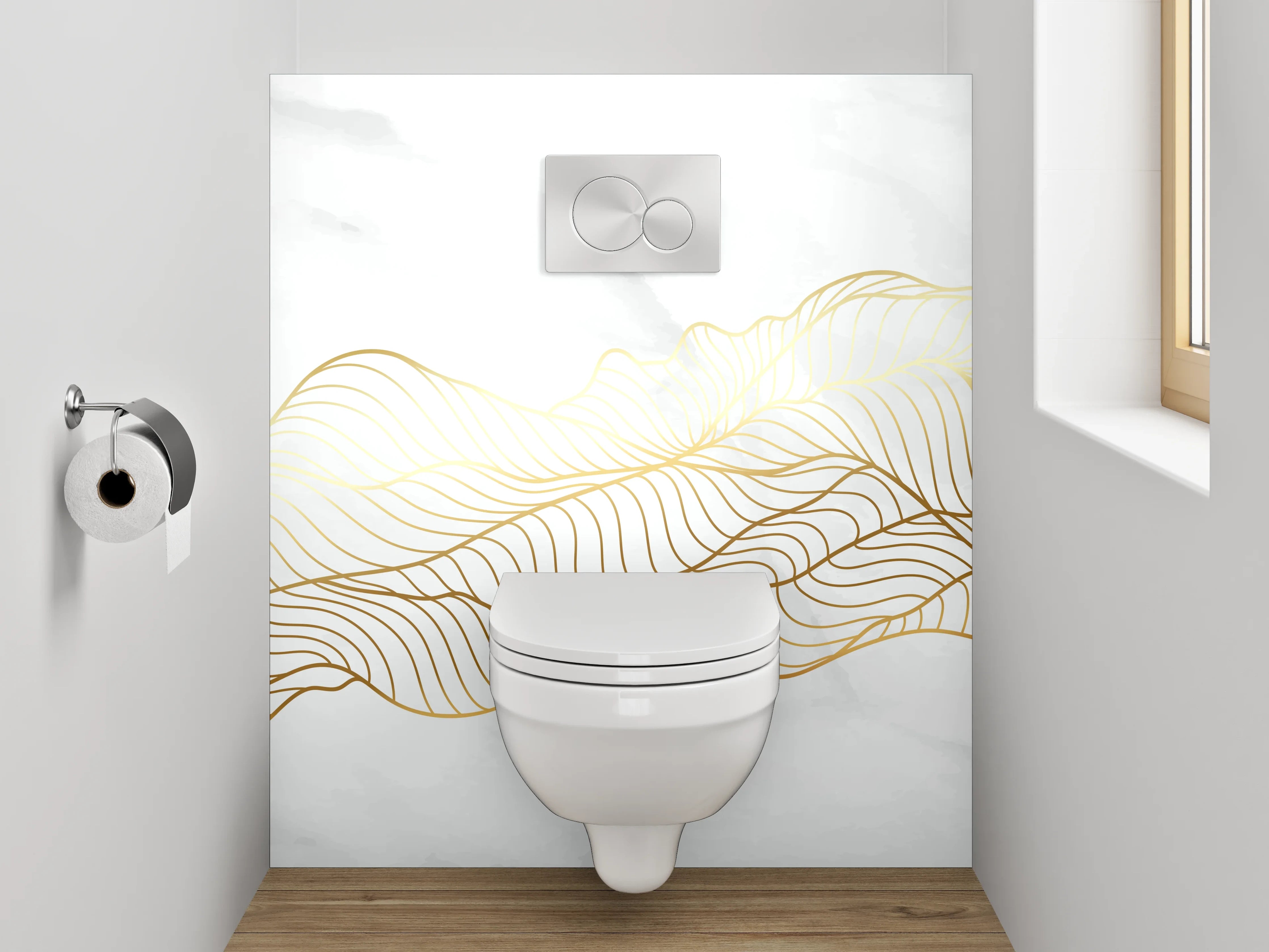 WC-Rückwand - Marmor Weiß Goldene Lineart Wellen