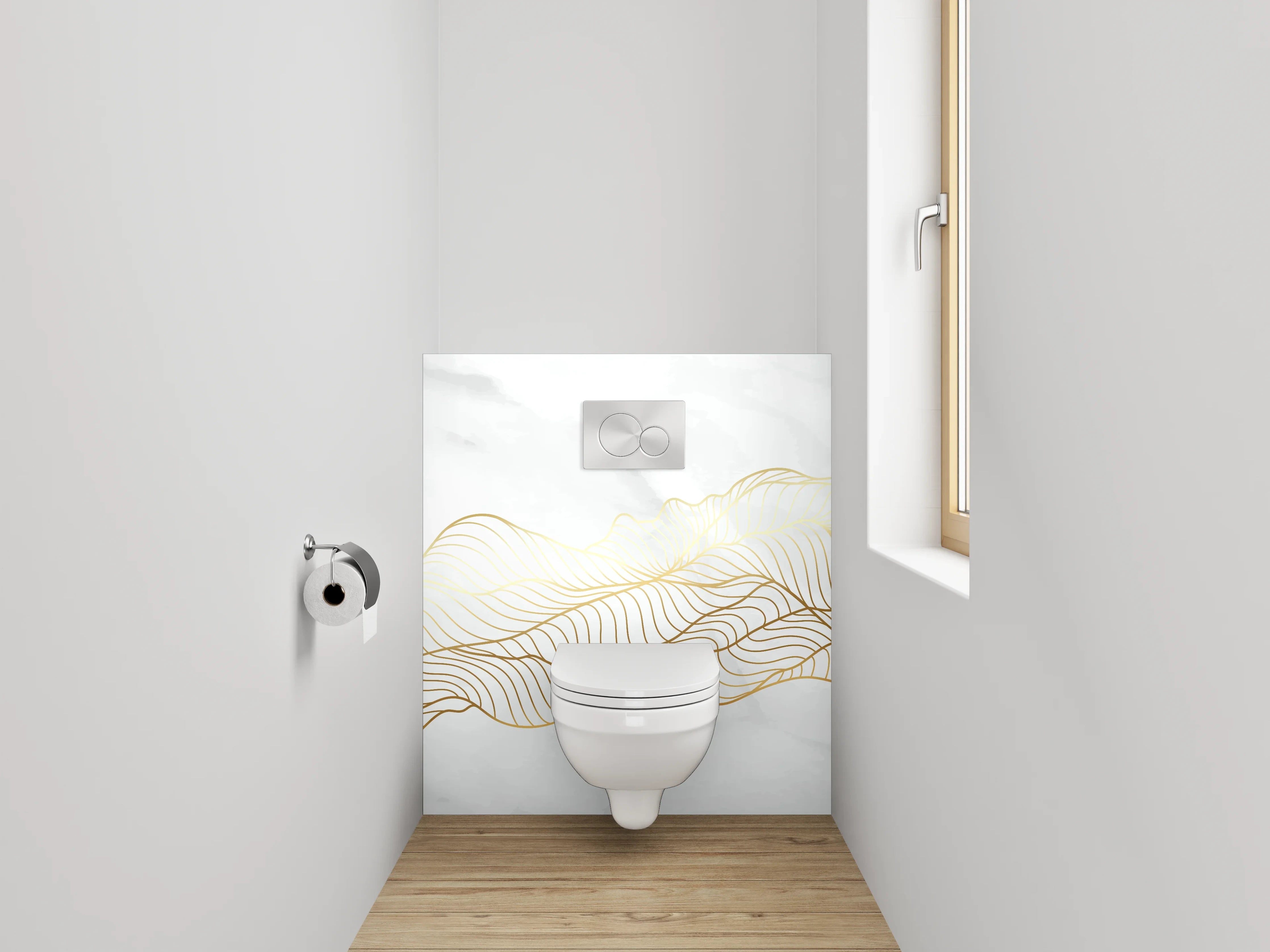 WC-Rückwand - Marmor Weiß Goldene Lineart Wellen