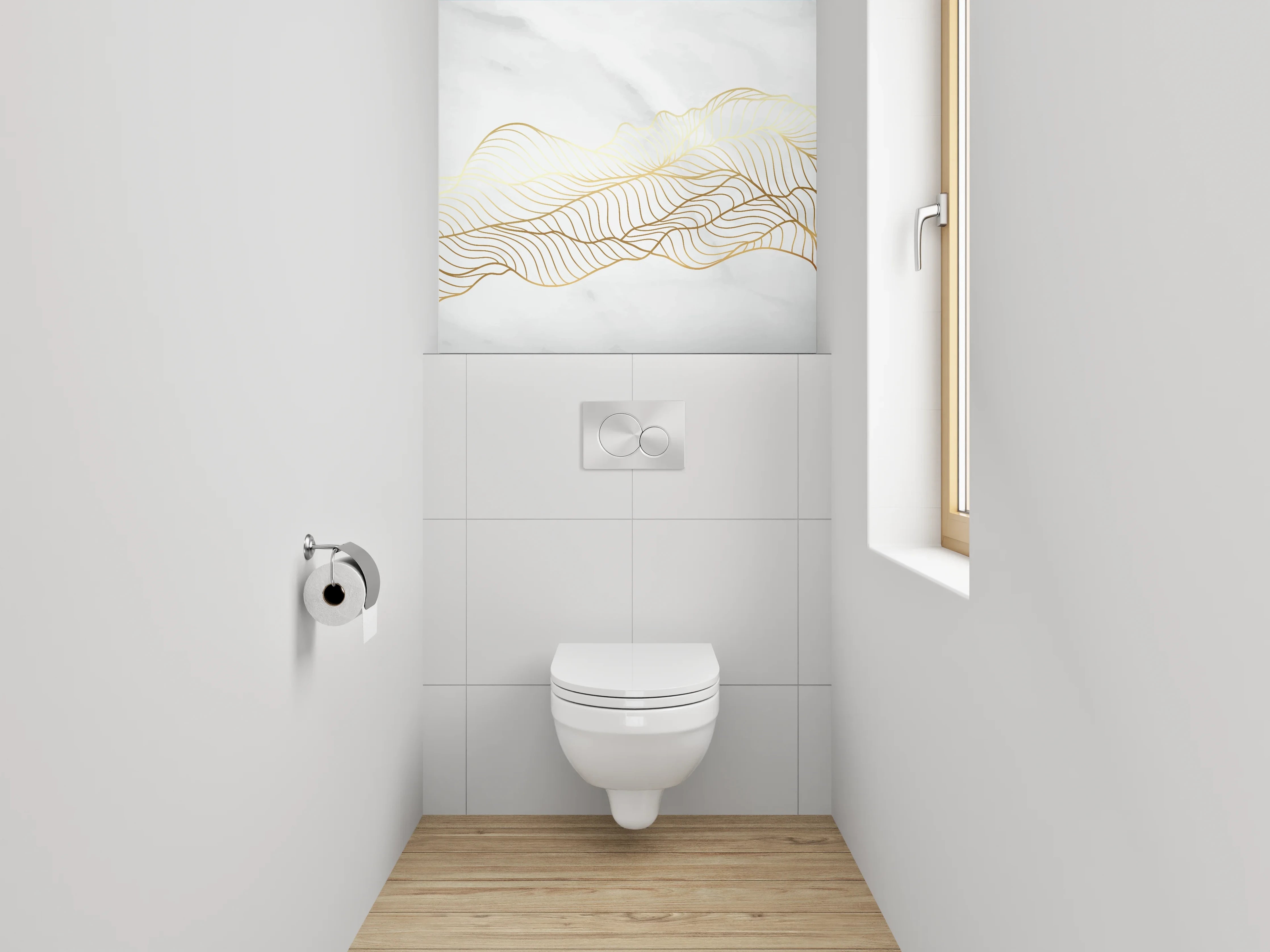 WC-Rückwand - Marmor Weiß Goldene Lineart Wellen