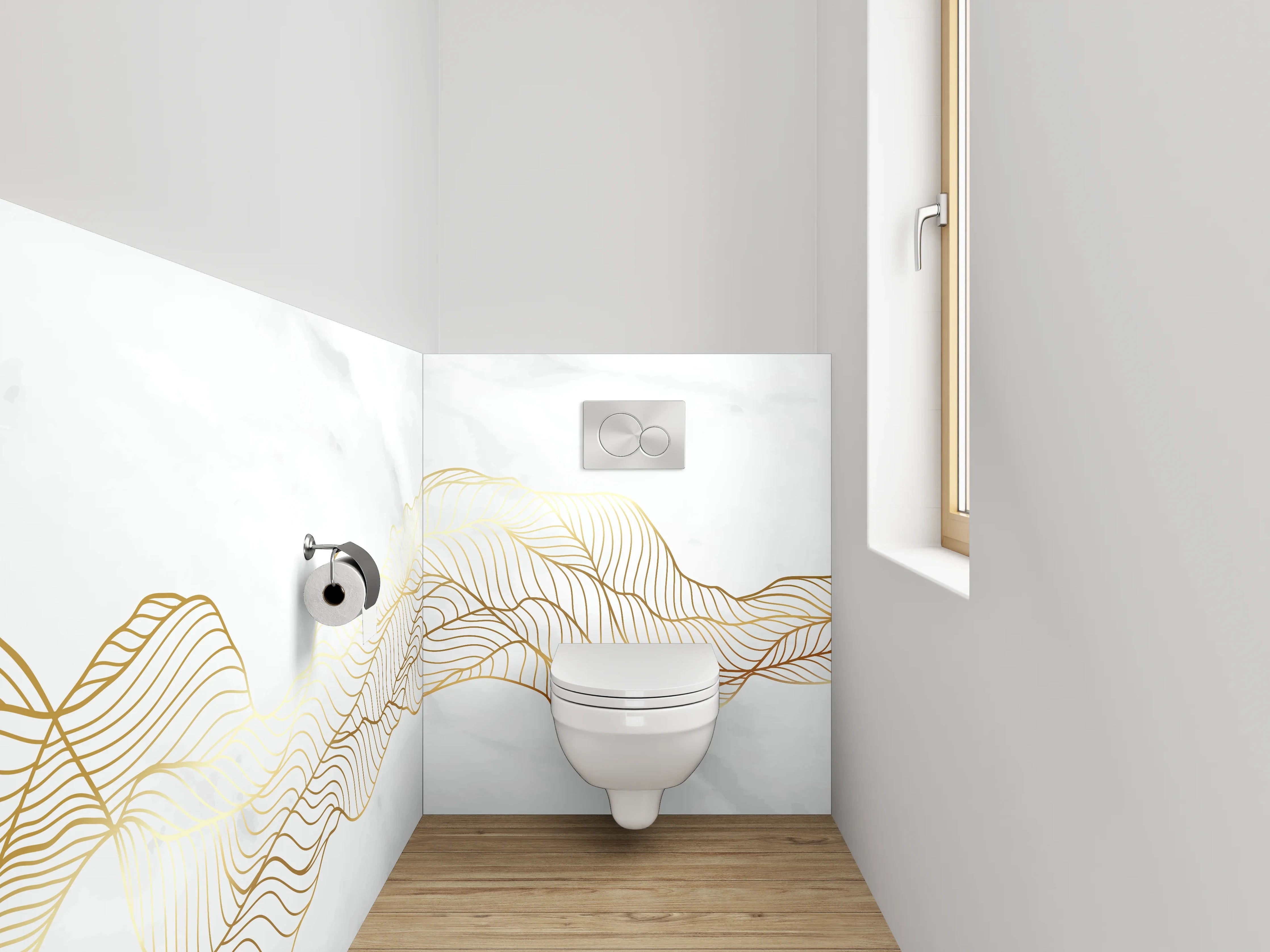 WC-Rückwand - Marmor Weiß Goldene Lineart Wellen