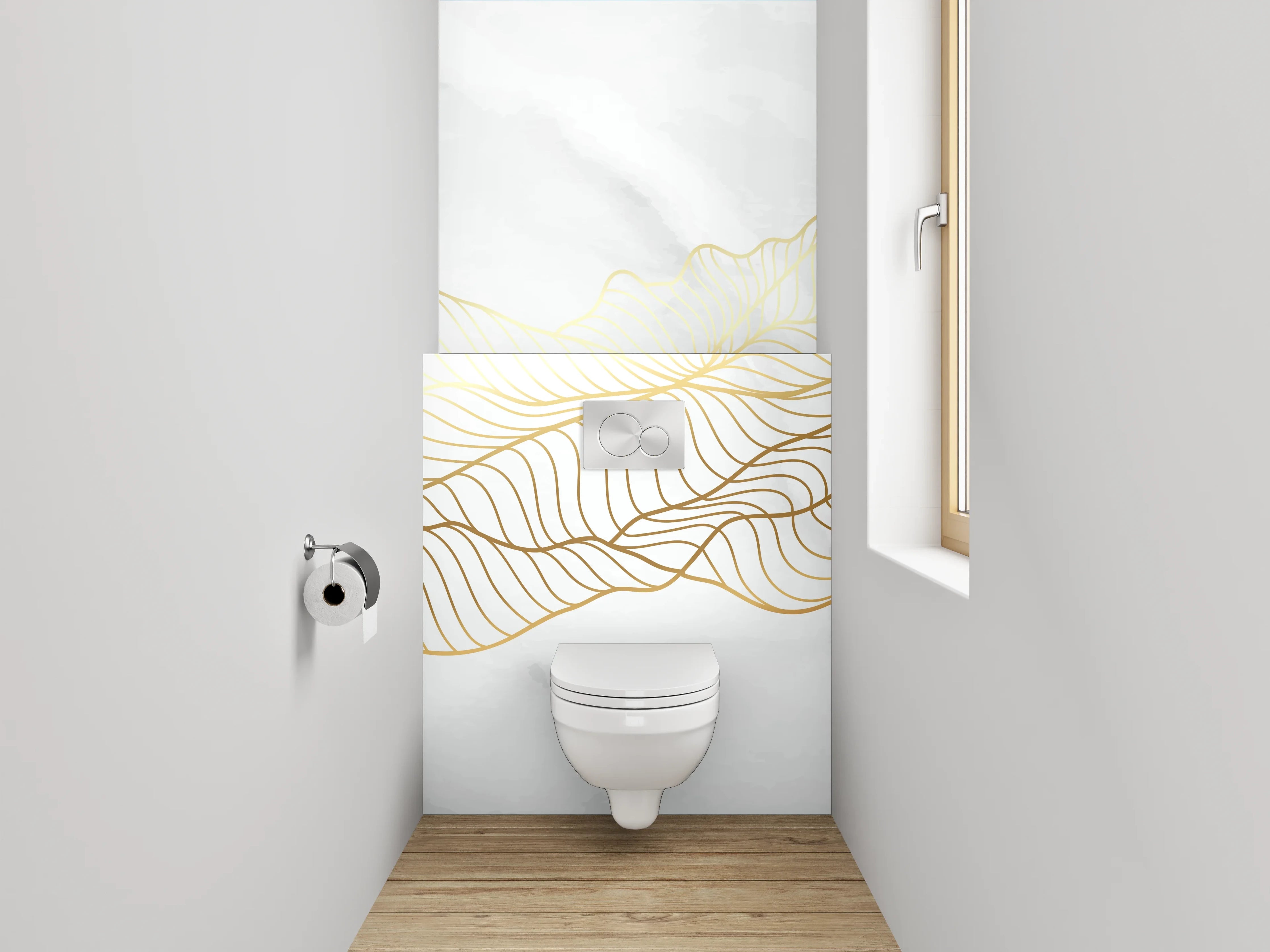 WC-Rückwand - Marmor Weiß Goldene Lineart Wellen