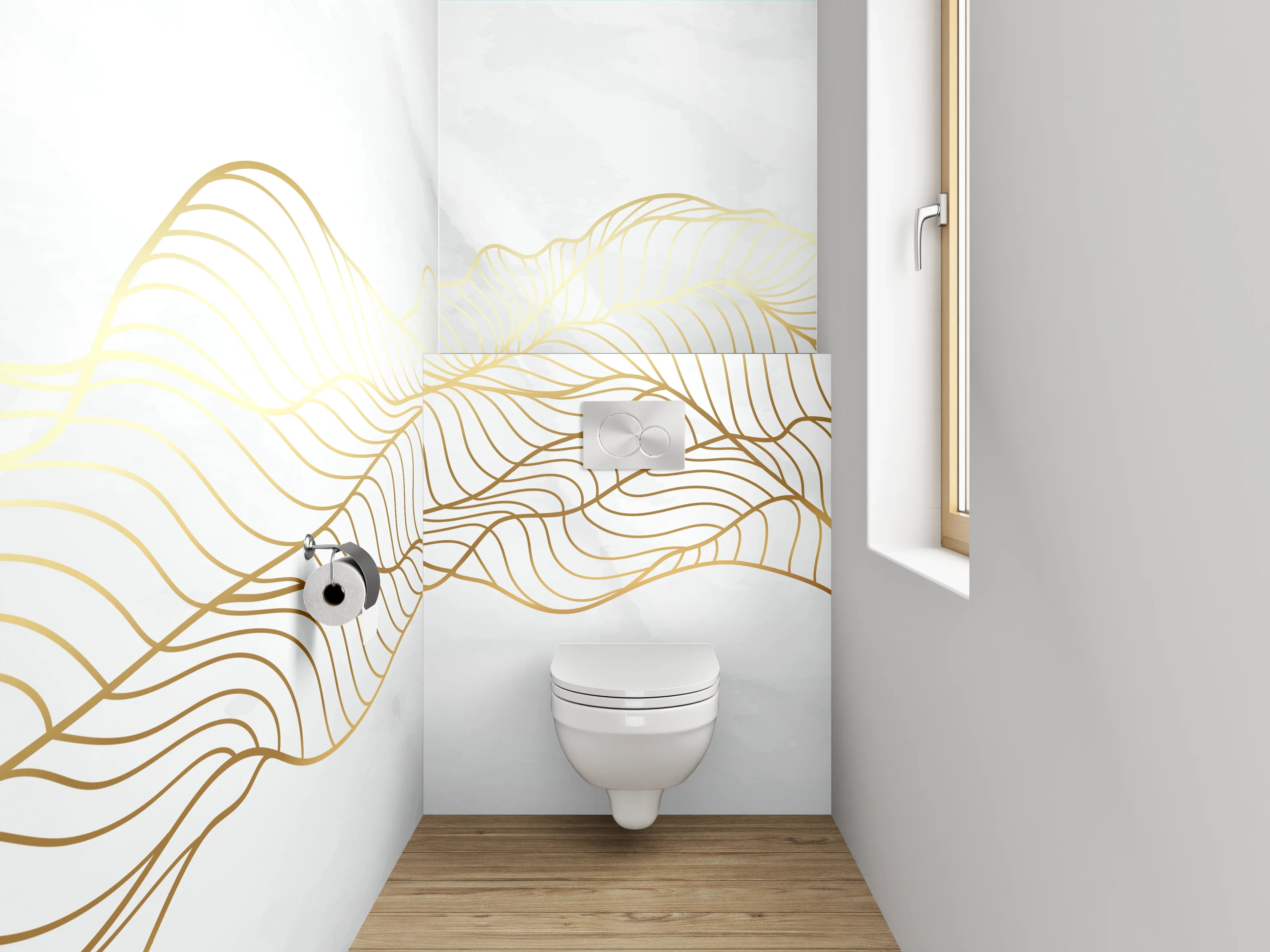 WC-Rückwand - Marmor Weiß Goldene Lineart Wellen