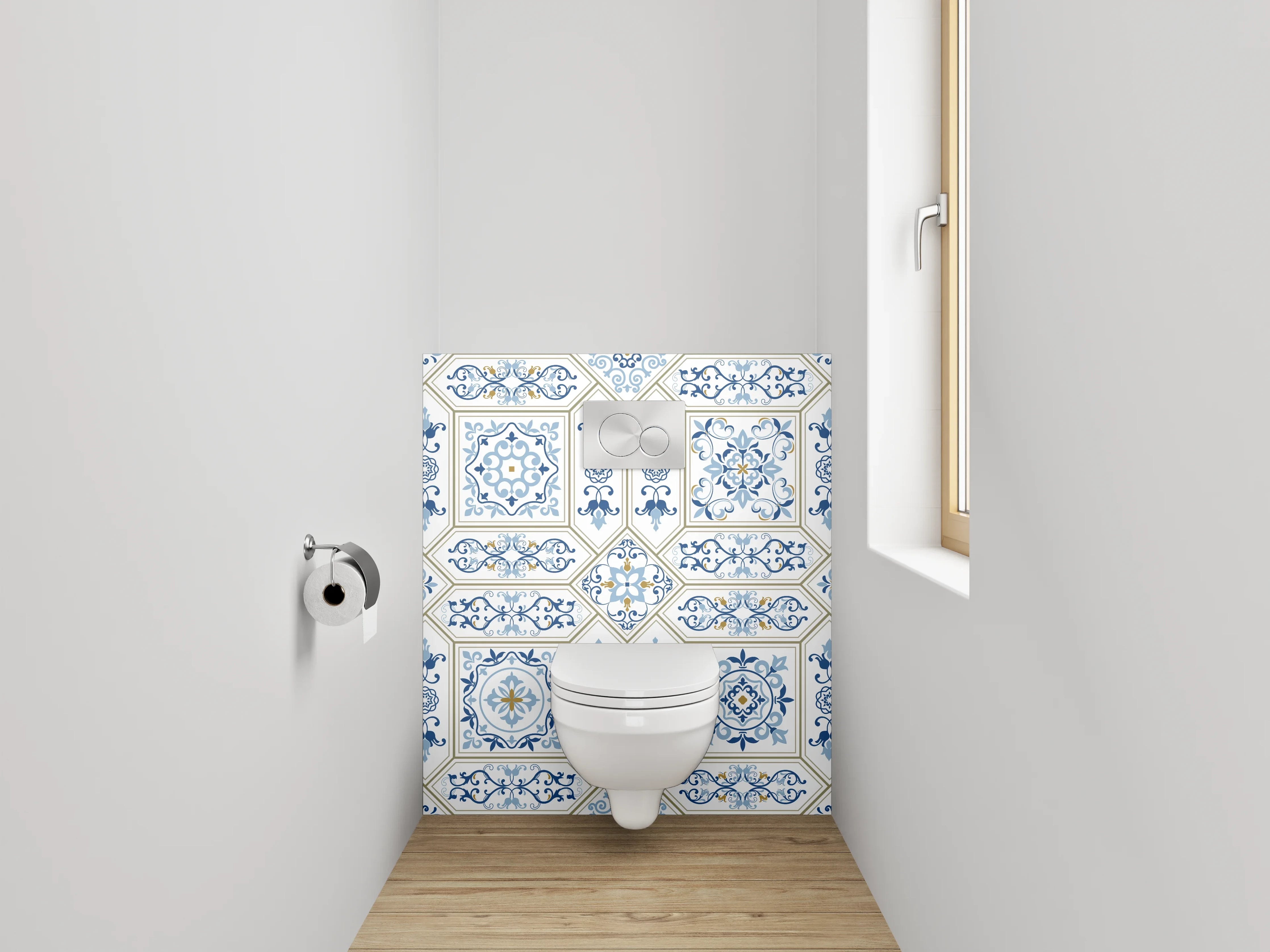 WC-Rückwand - Marokkanisches Fliesendesign Blau Grau Weiß