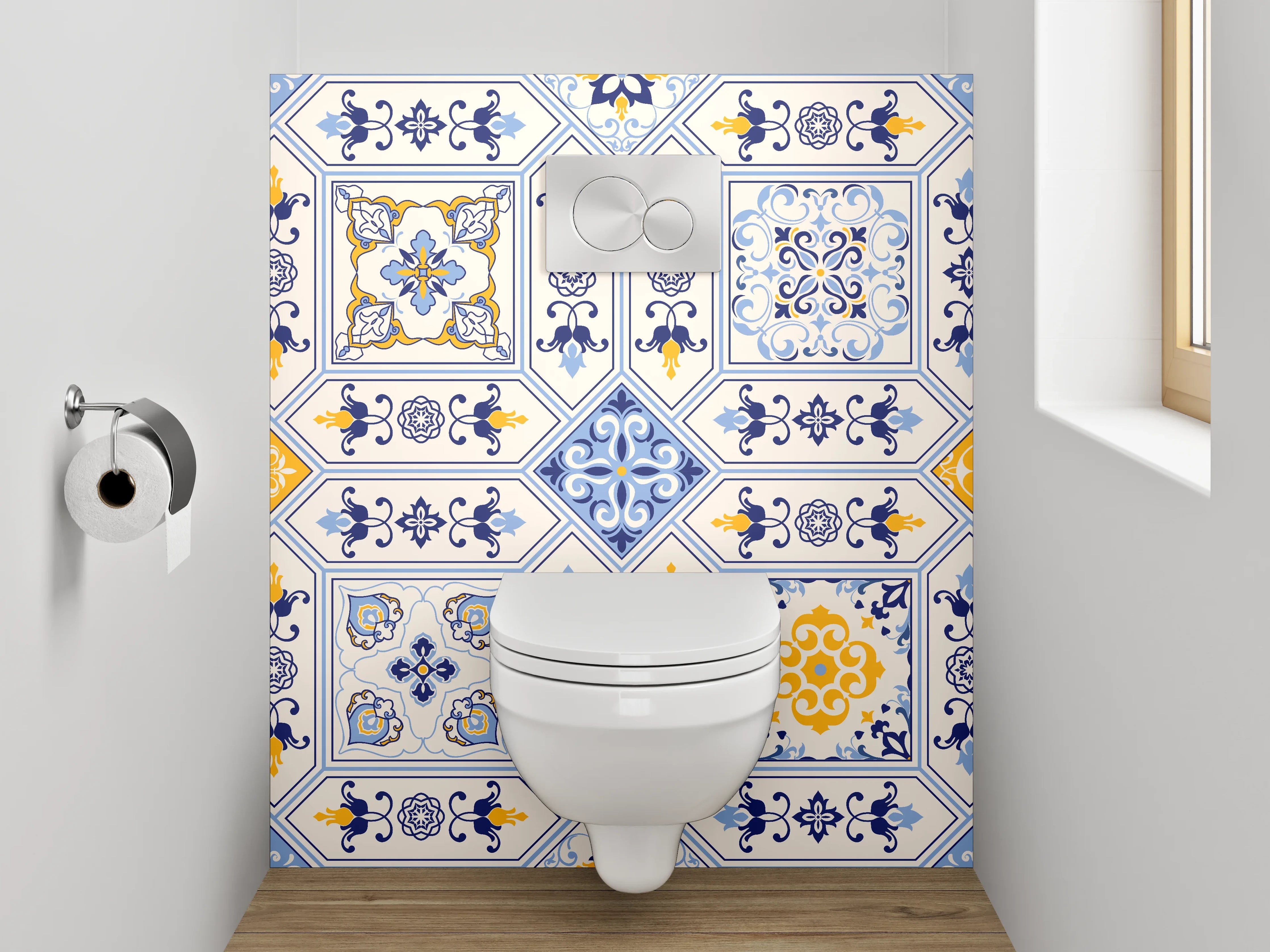 WC-Rückwand - Mediterrane Fliesenmuster Blau Gelb Weiß