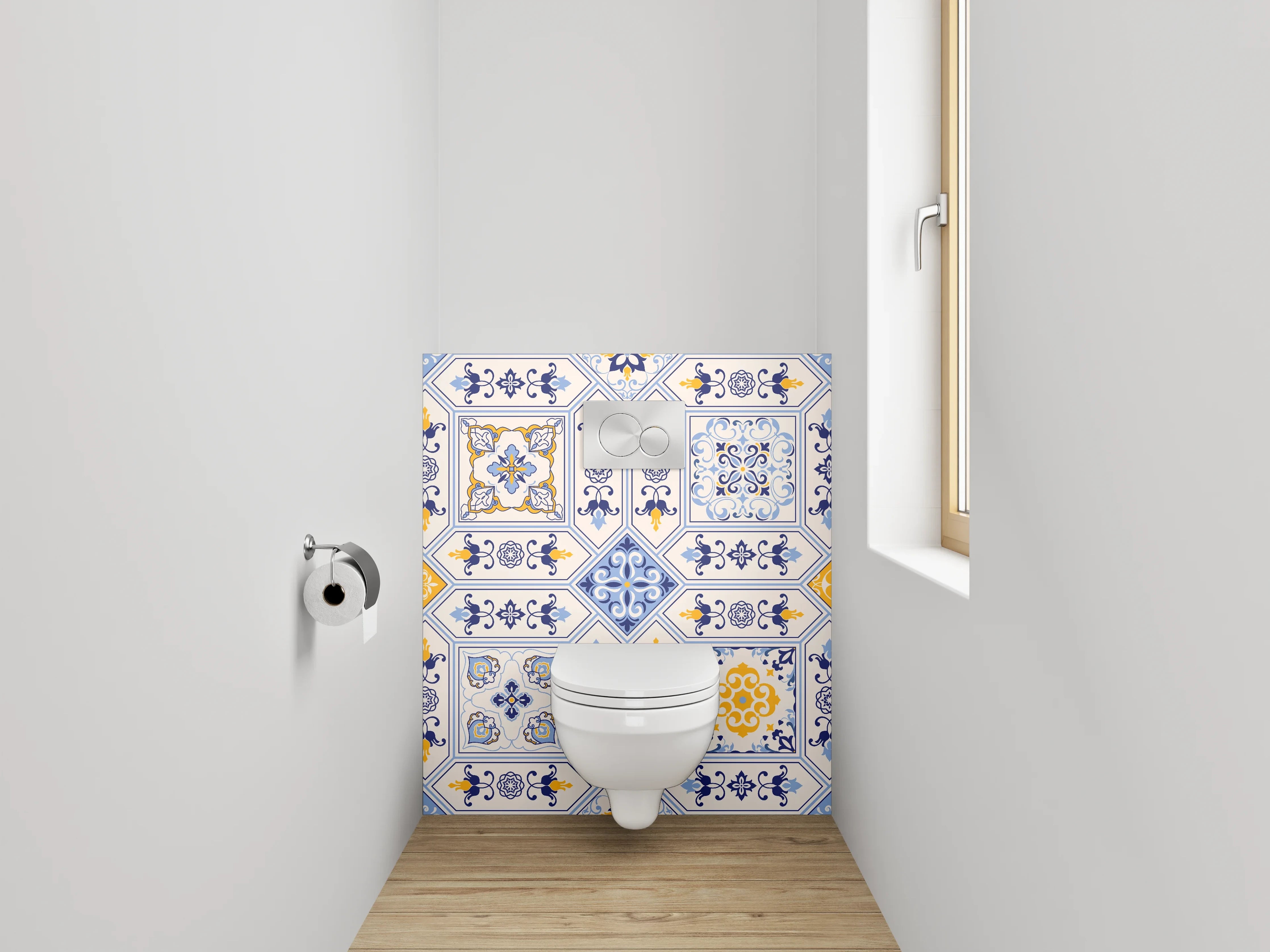 WC-Rückwand - Mediterrane Fliesenmuster Blau Gelb Weiß