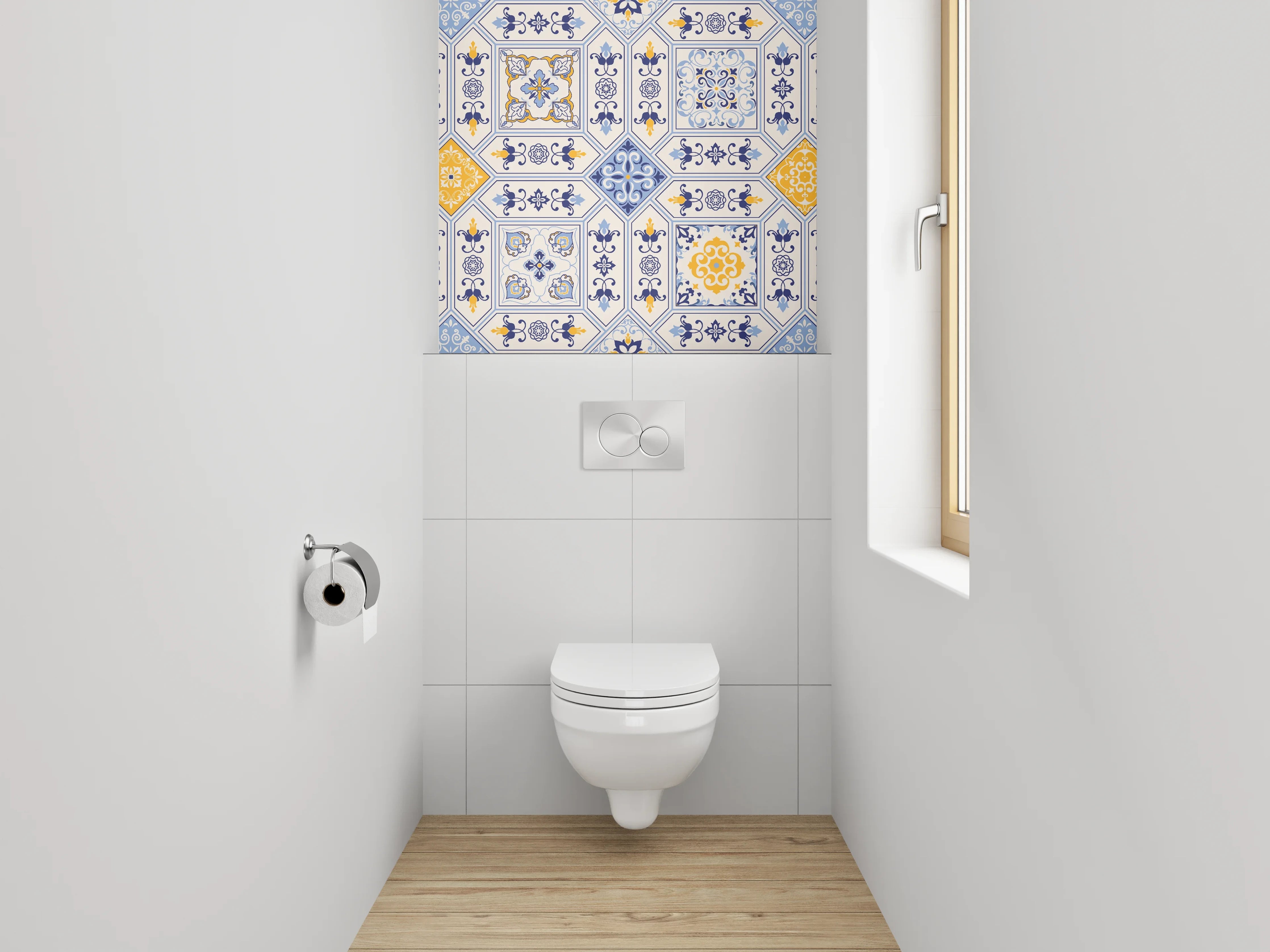 WC-Rückwand - Mediterrane Fliesenmuster Blau Gelb Weiß