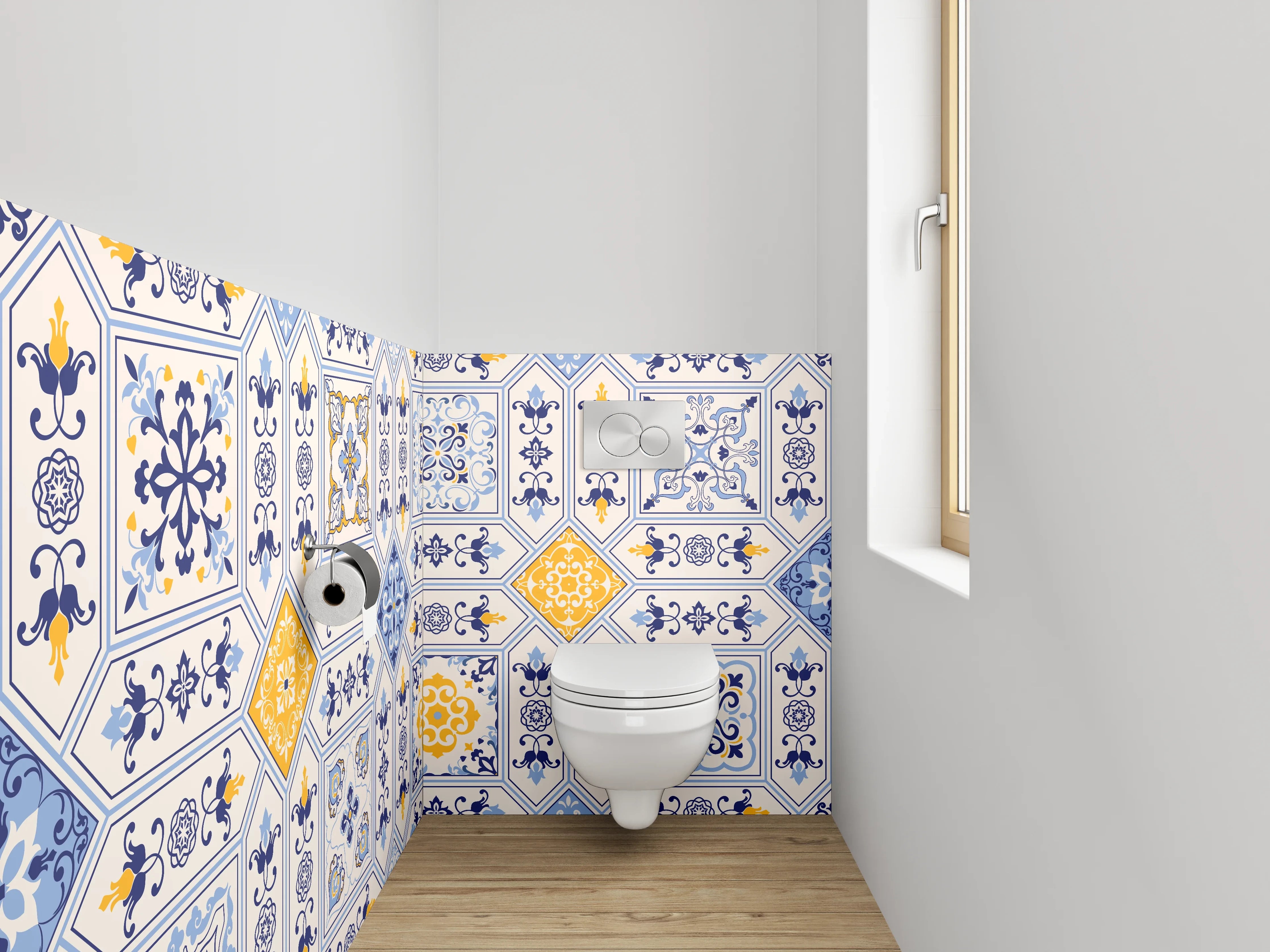 WC-Rückwand - Mediterrane Fliesenmuster Blau Gelb Weiß