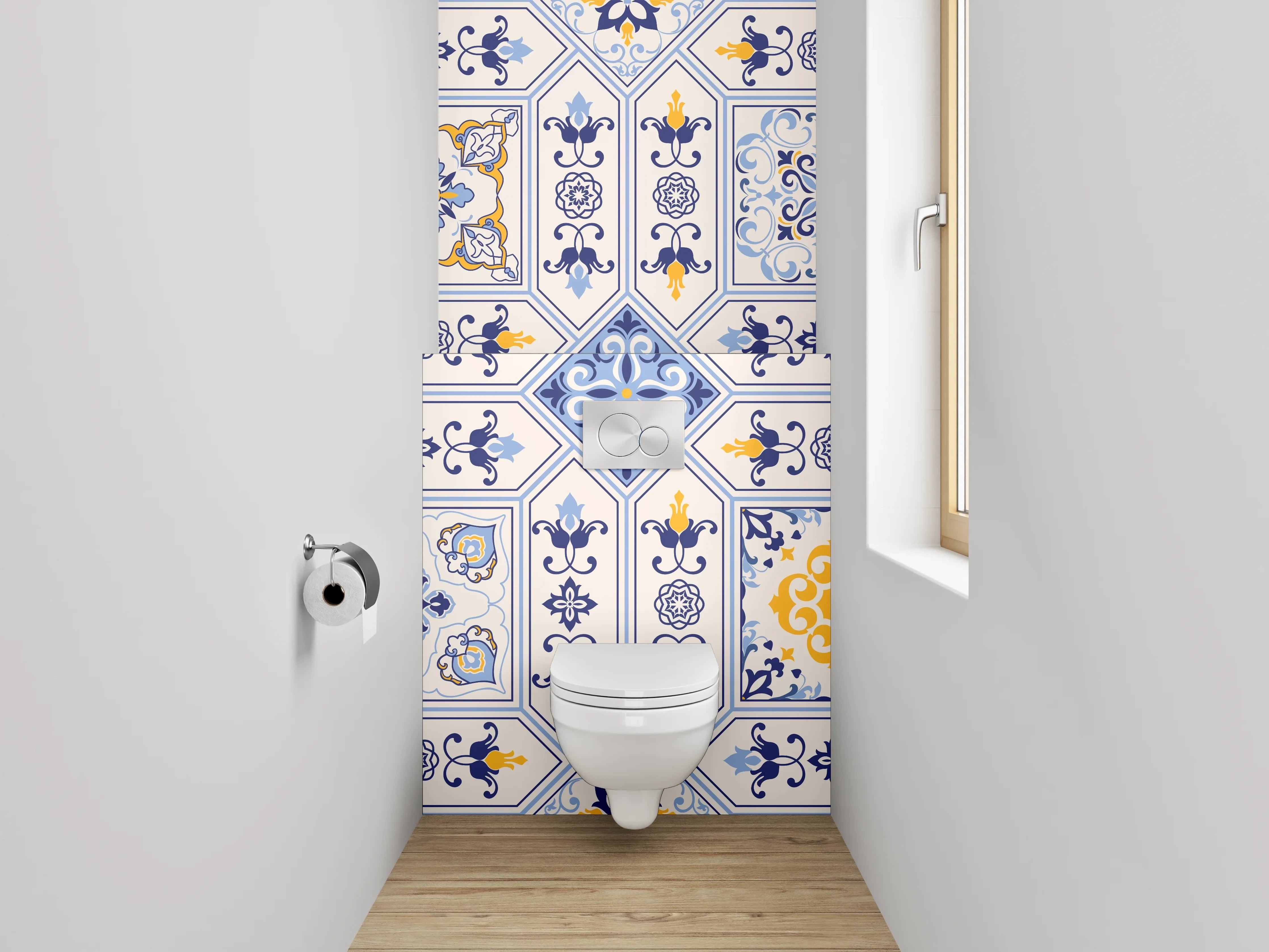 WC-Rückwand - Mediterrane Fliesenmuster Blau Gelb Weiß