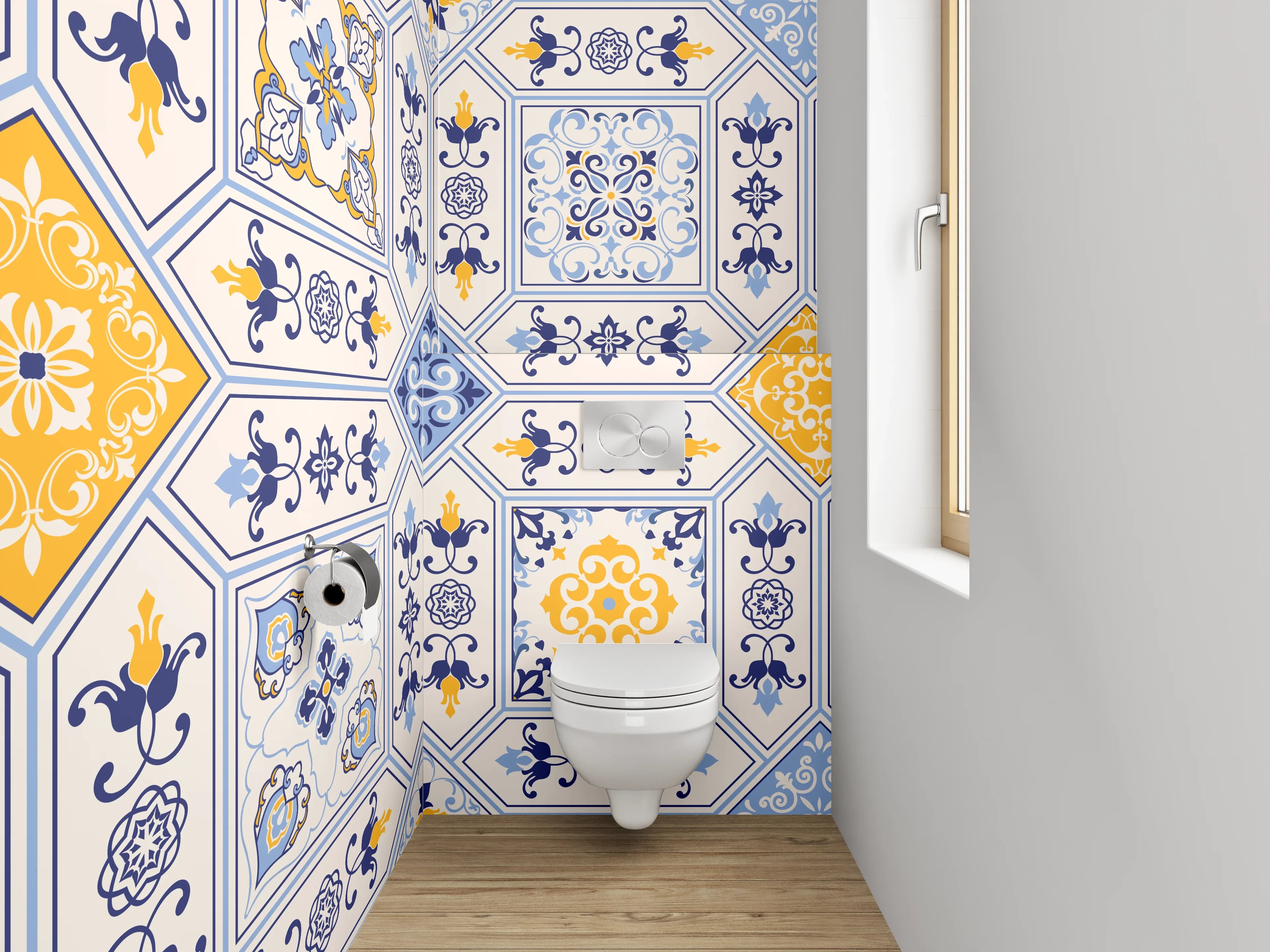 WC-Rückwand - Mediterrane Fliesenmuster Blau Gelb Weiß