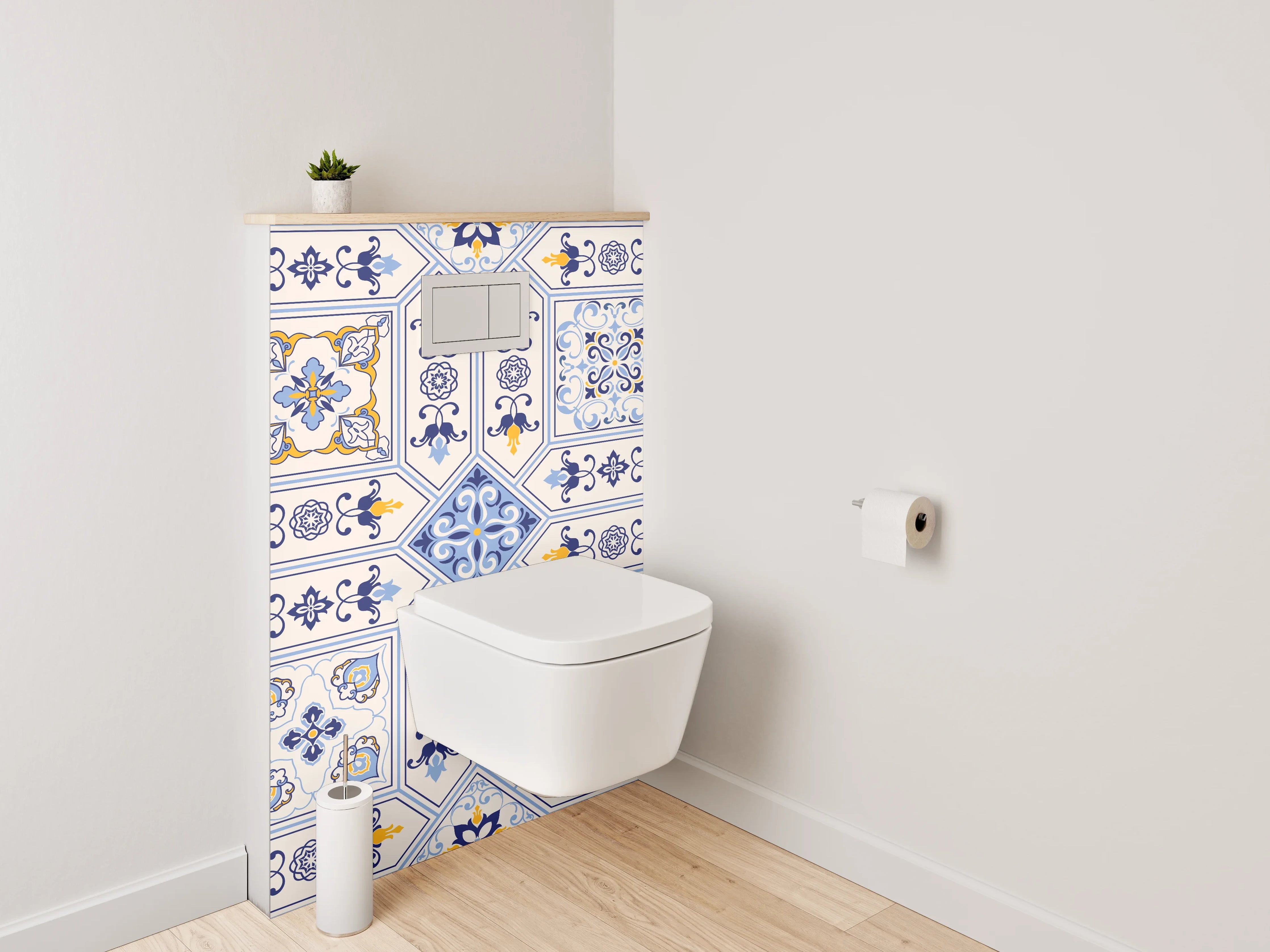 WC-Rückwand - Mediterrane Fliesenmuster Blau Gelb Weiß